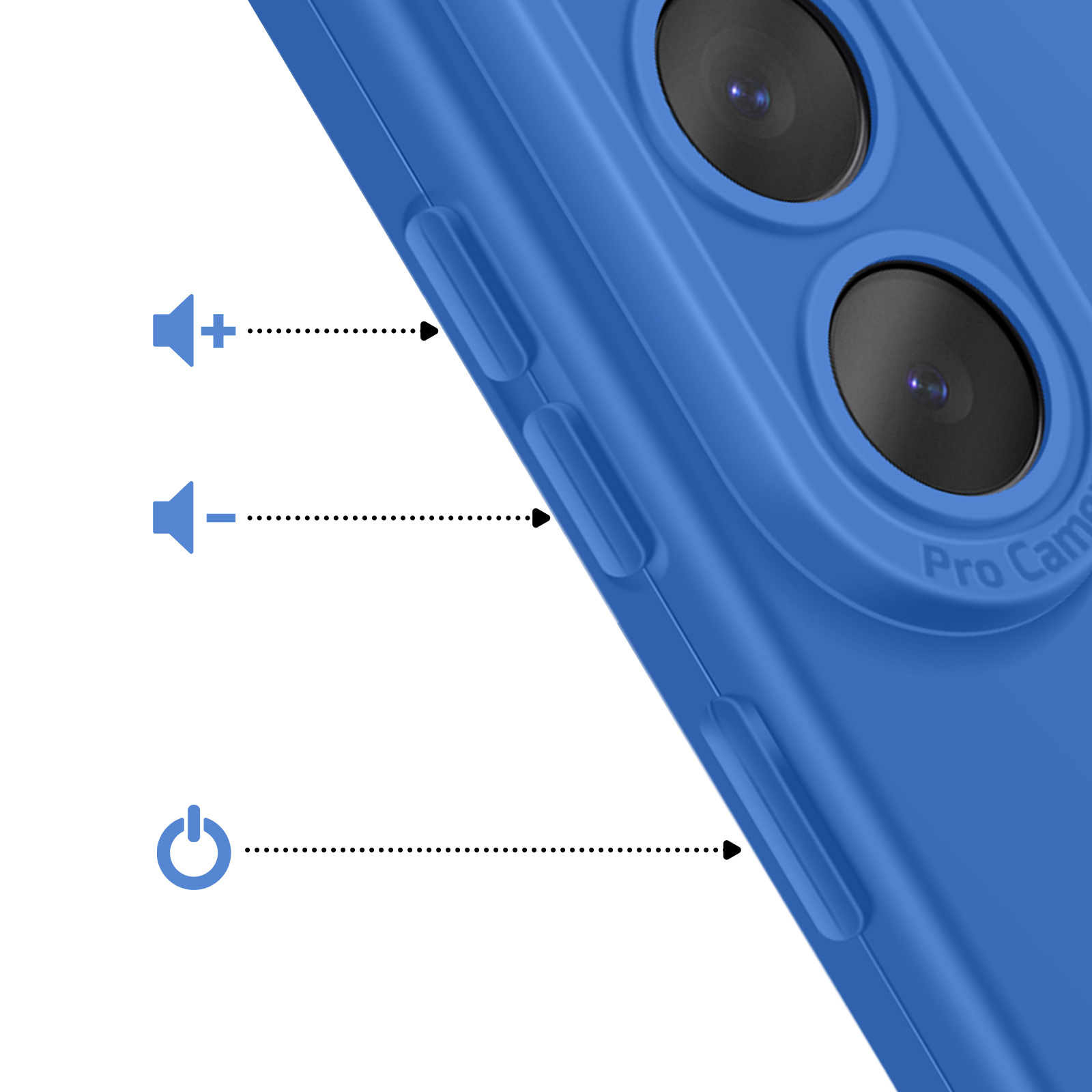 Coque de téléphone bleue avec boutons volume et alimentation et module caméra.