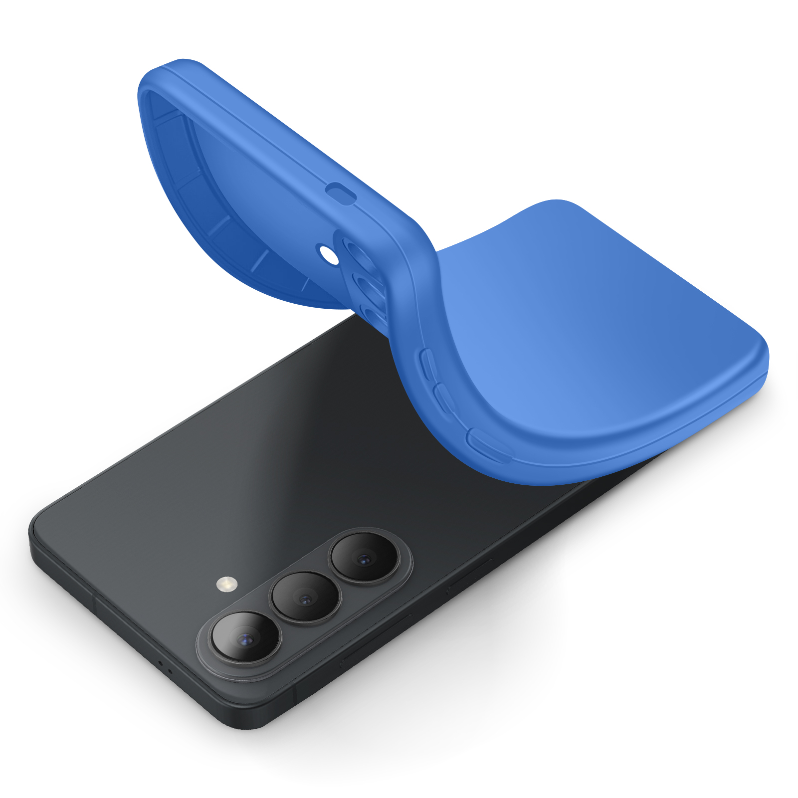 Une coque de téléphone bleue se plie sur un smartphone noir.