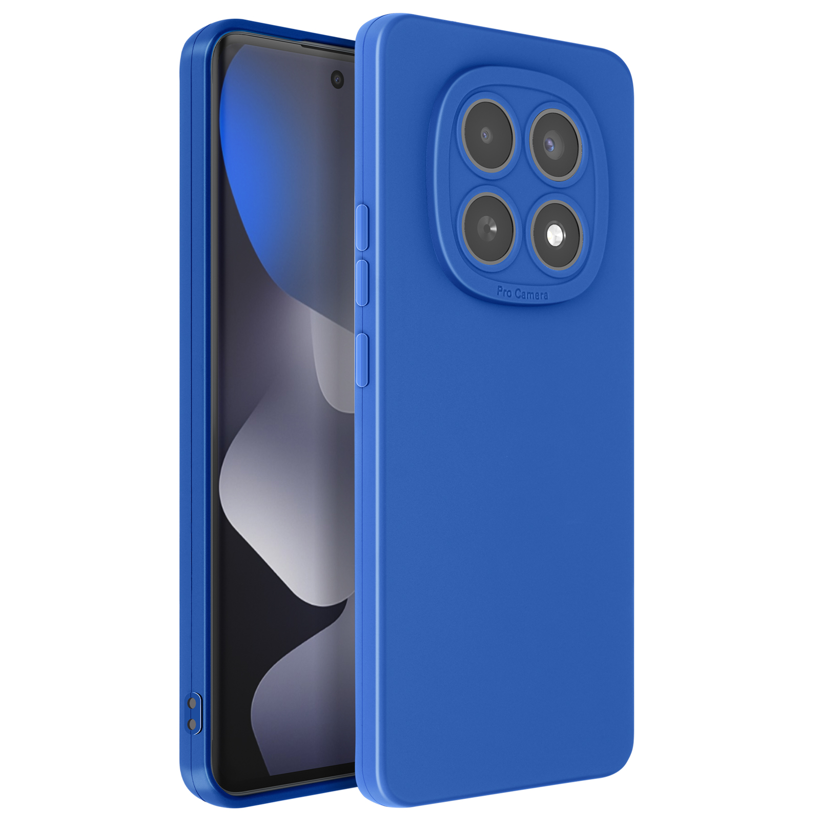 Een blauwe telefoon met viervoudige camera aan de achterkant, op wit.