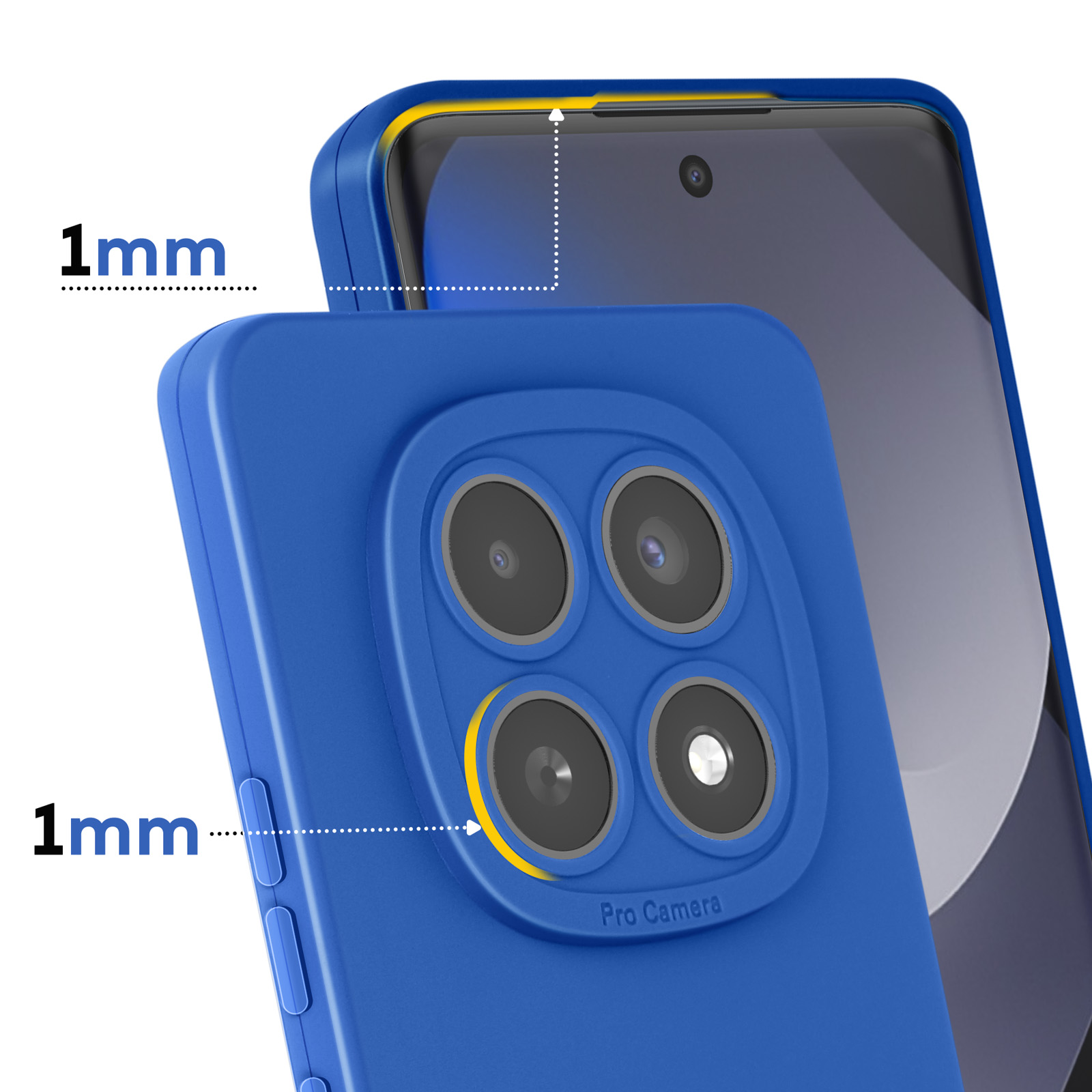 Blauwe telefoonhoes met camera-uitsparing toont 1mm verhoogde rand.