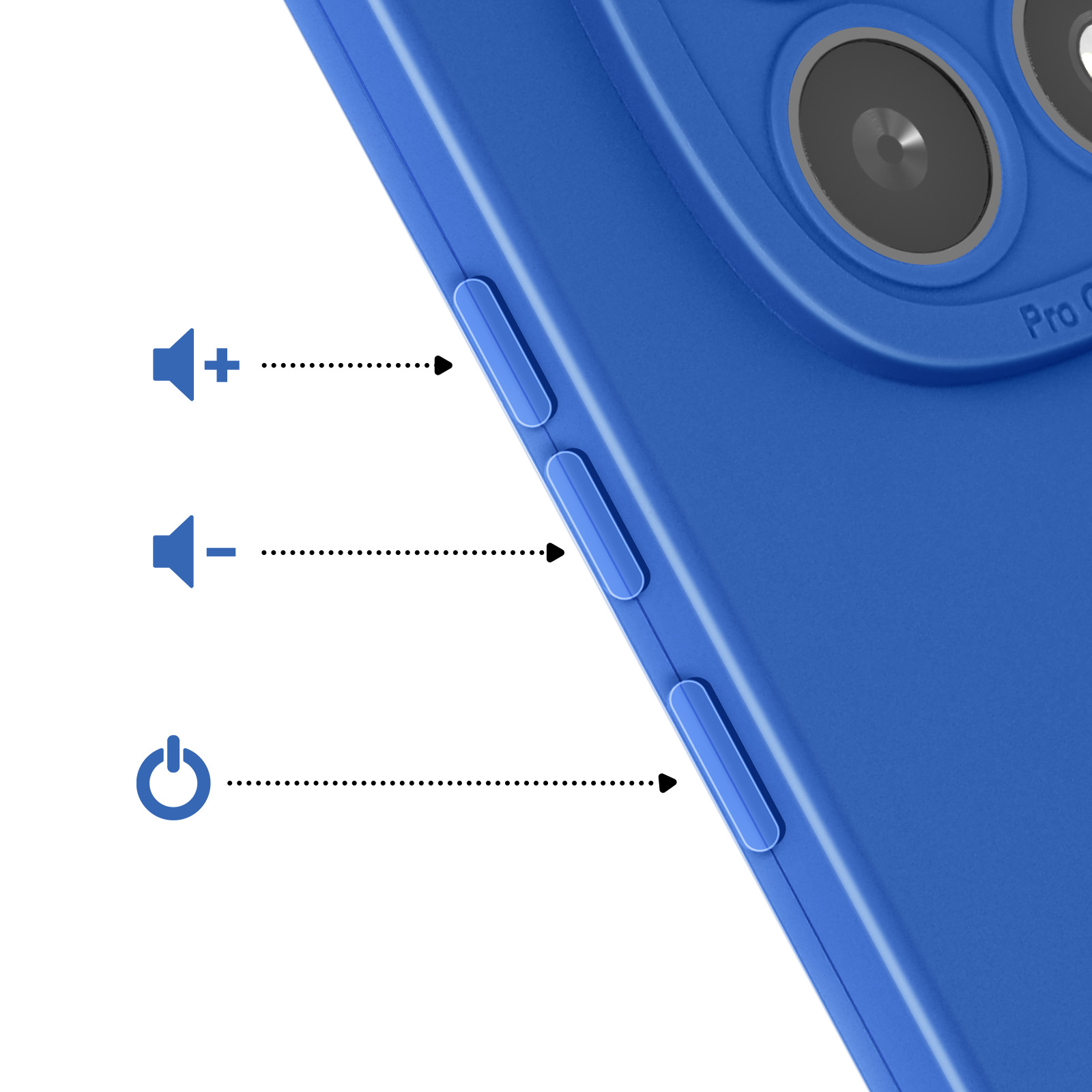 Blauwe hoes met volume- en aan/uitknoppen. Close-up.