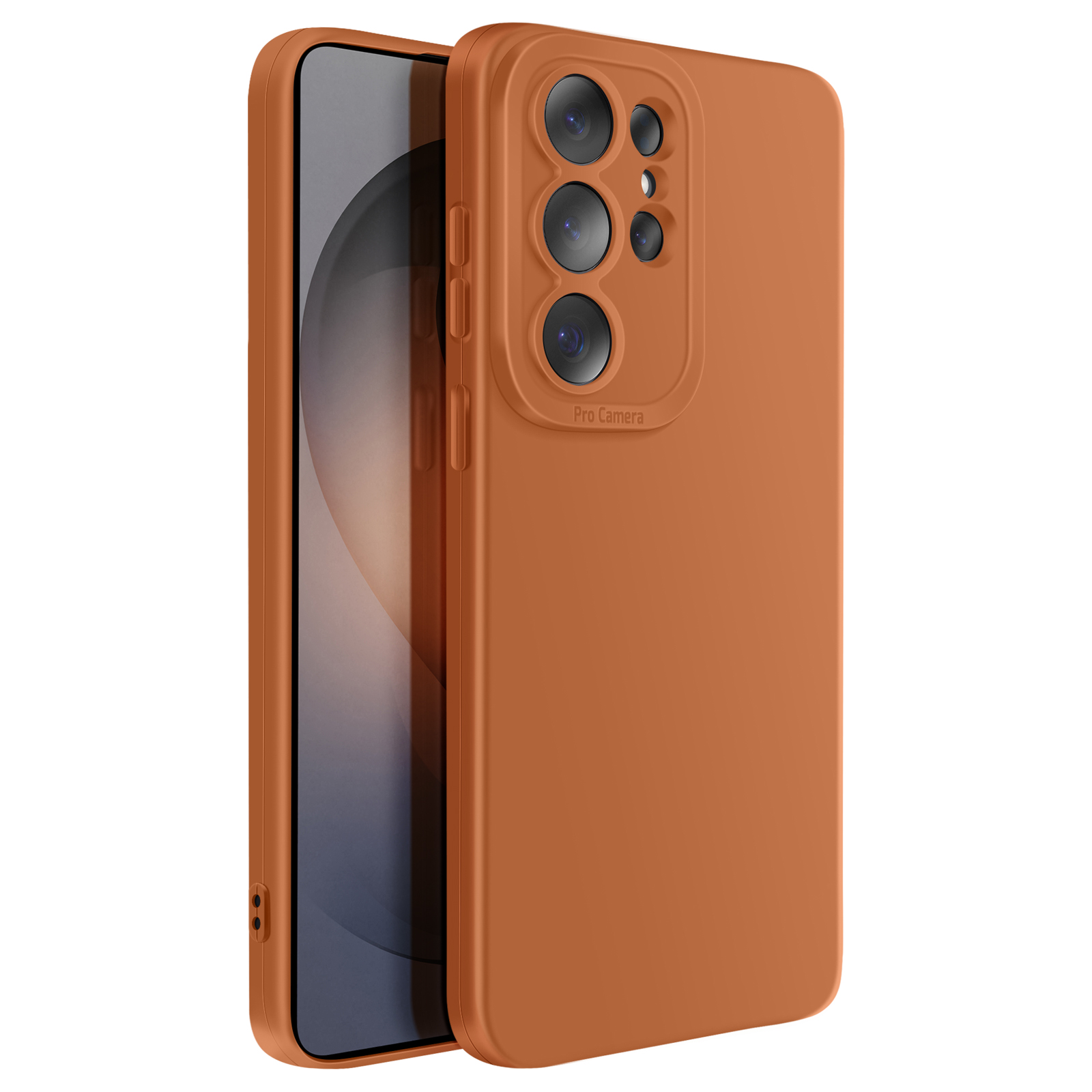 Coque de téléphone orange avec objectifs et boutons.