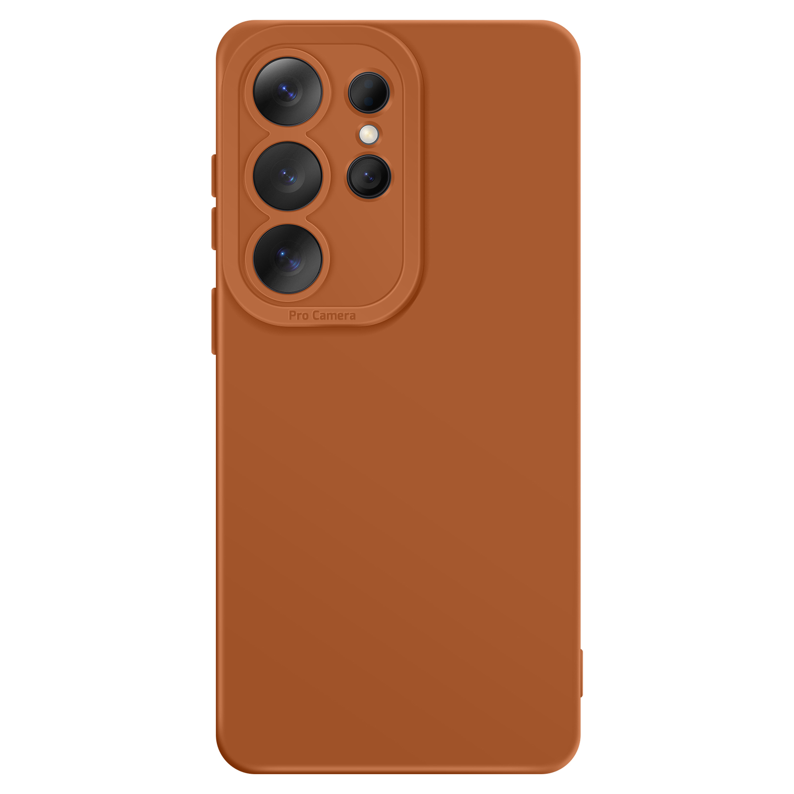 Coque de téléphone marron avec quatre caméras et flash.