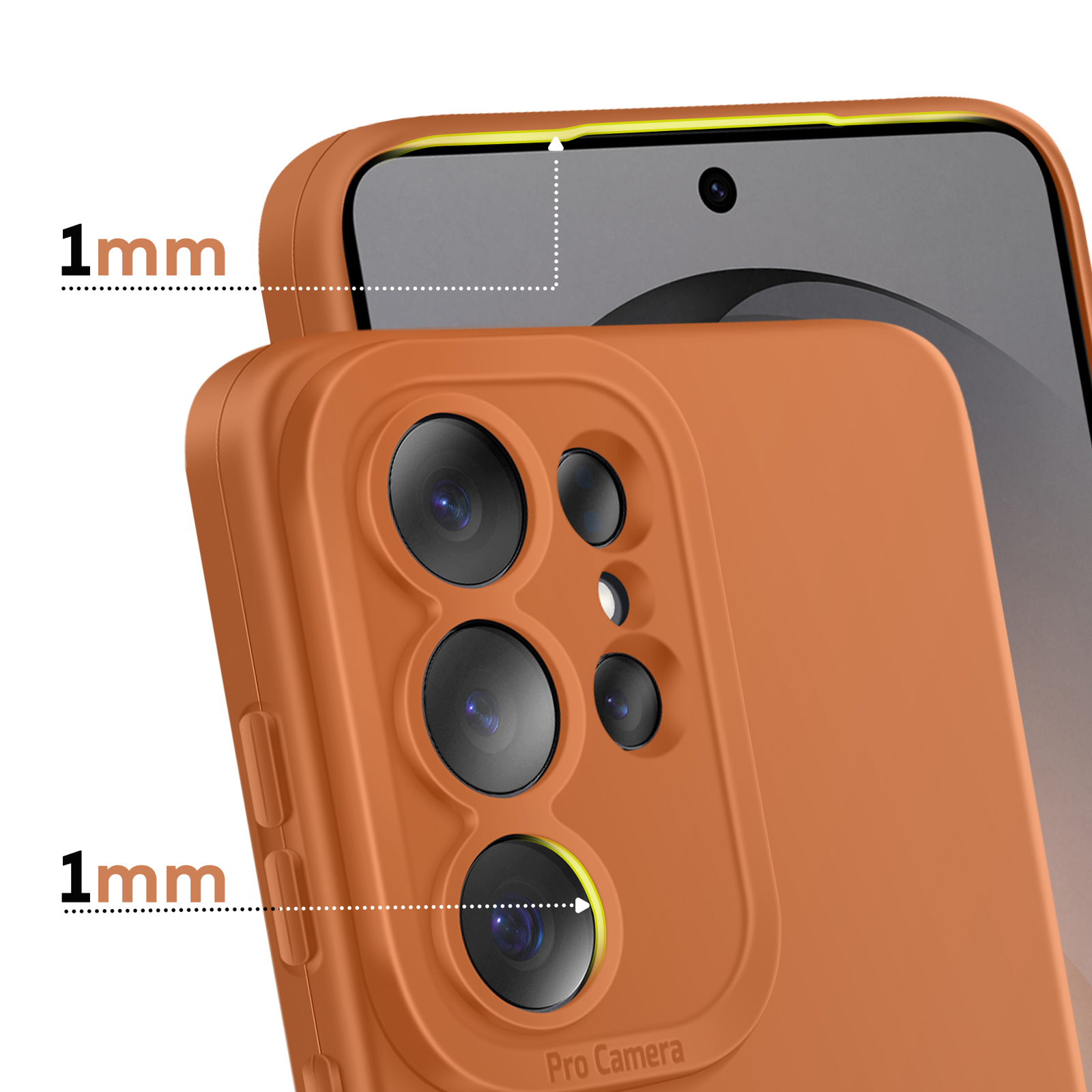 Coque de téléphone orange avec rebord surélevés de 1 mm sur l'appareil photo et l'écran.
