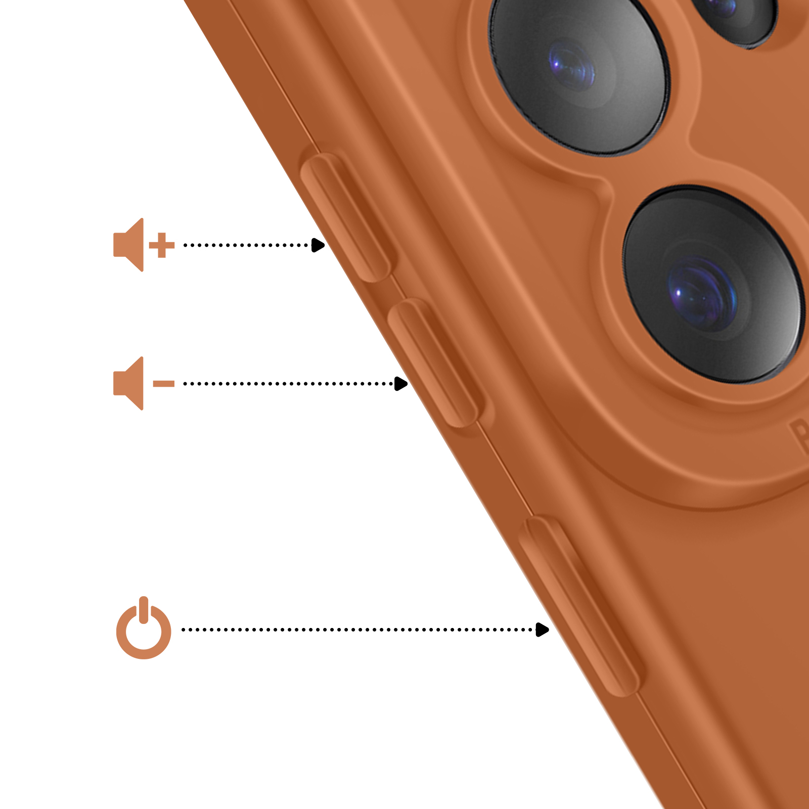 Gros plan d'un étui de téléphone orange montrant les boutons de volume et d'alimentation.