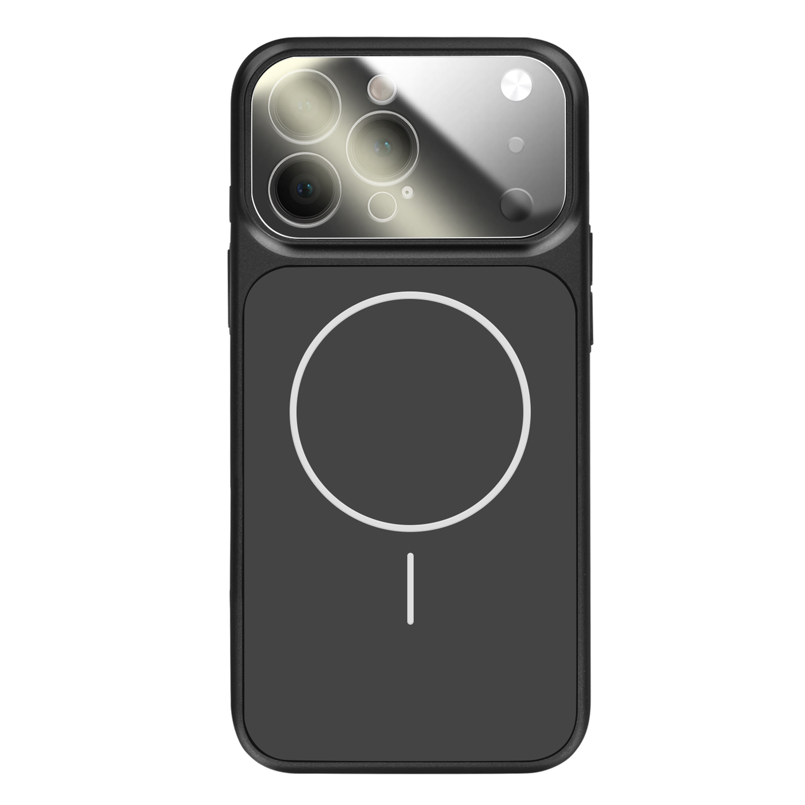 Zwarte telefoonhoes met cameralenzen en een oplaadcirkelsymbool.