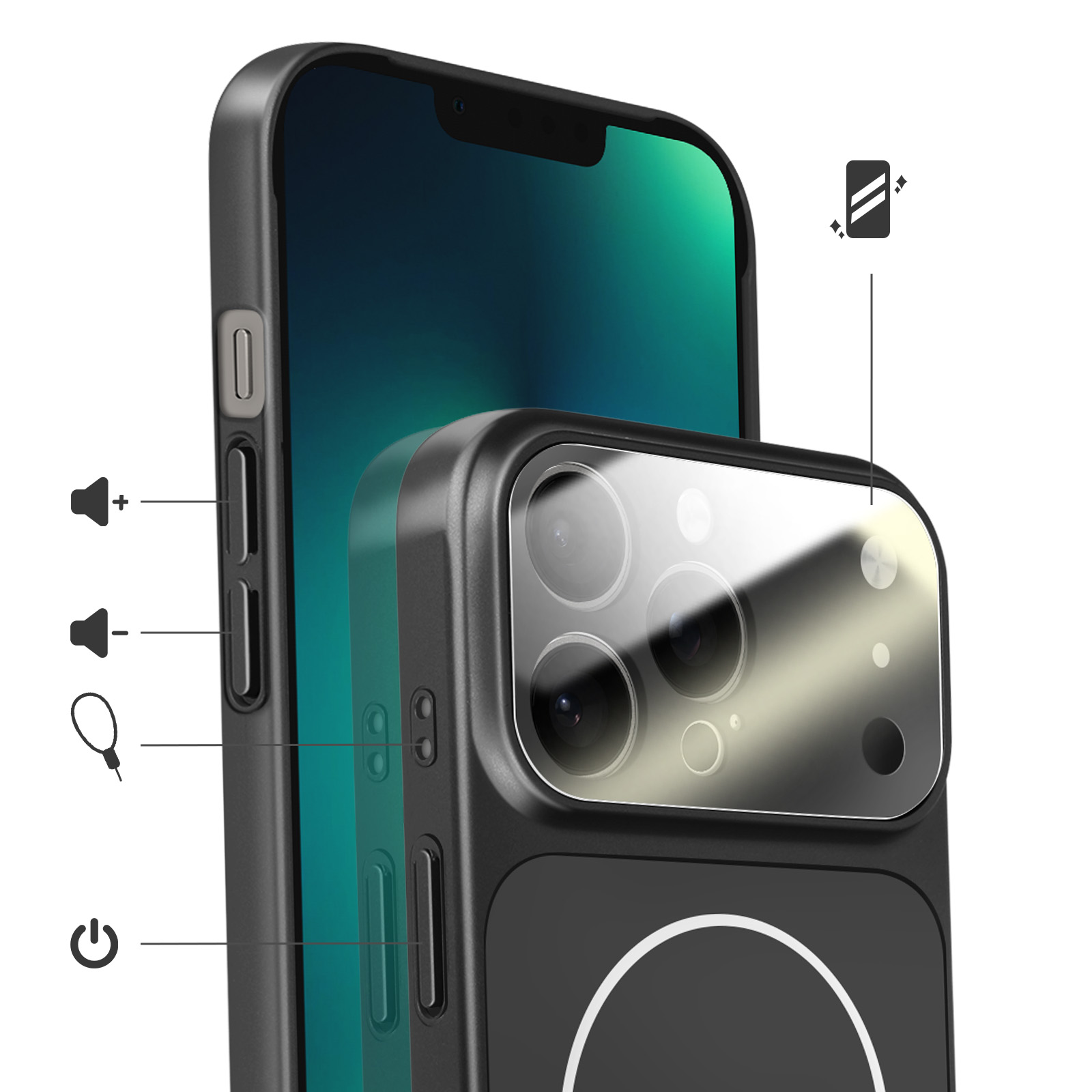 Een zwarte smartphone met drie camera's en een groen scherm.