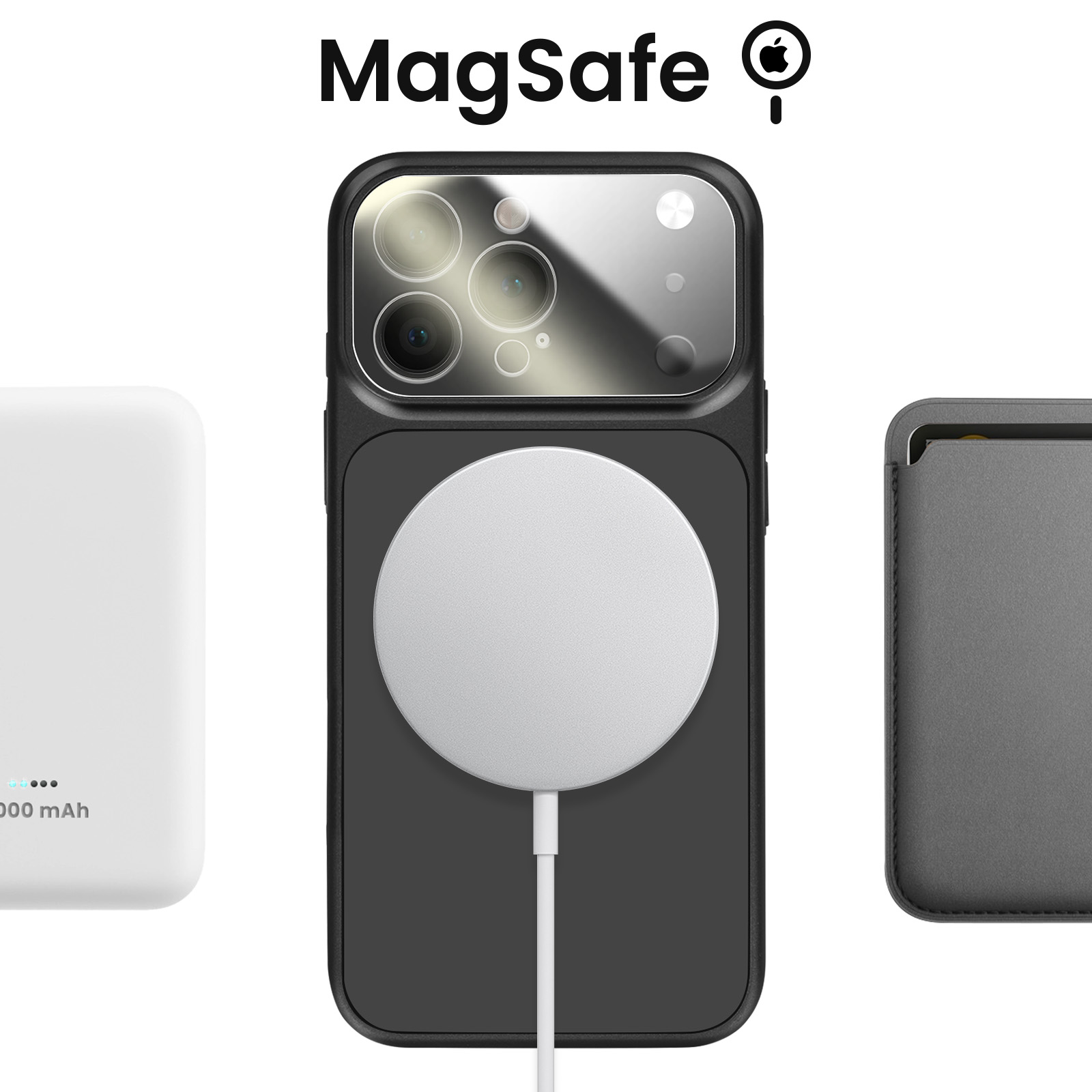 Apple MagSafe accessoires: witte powerbank, zwarte telefoonhoes met lader, grijze kaarthouder.