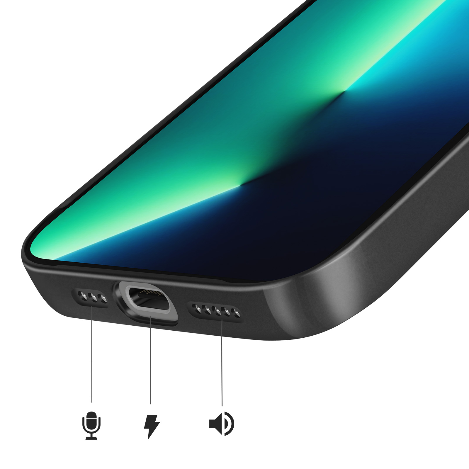 Close-up van de onderkant van een zwarte smartphone met poorten en iconen voor microfoon, opladen en luidspreker.