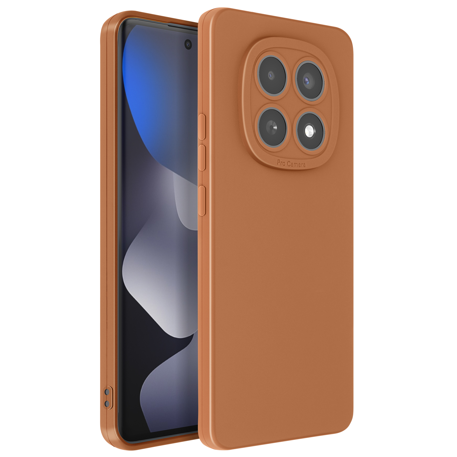 Een bruine telefoon met vier camera's en een blauw scherm.