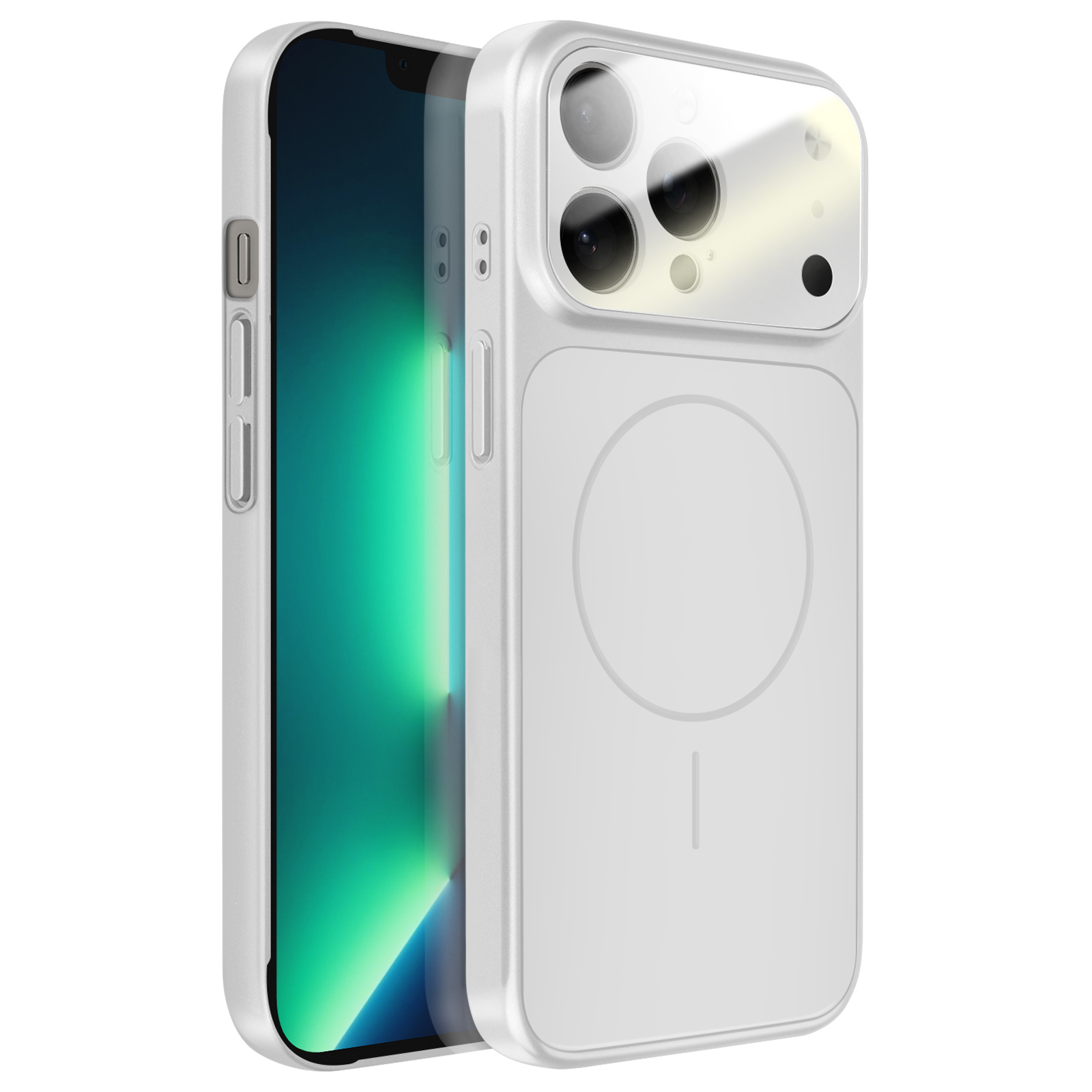 Een witte iPhone met hoes die een magnetisch oplaadgebied toont.