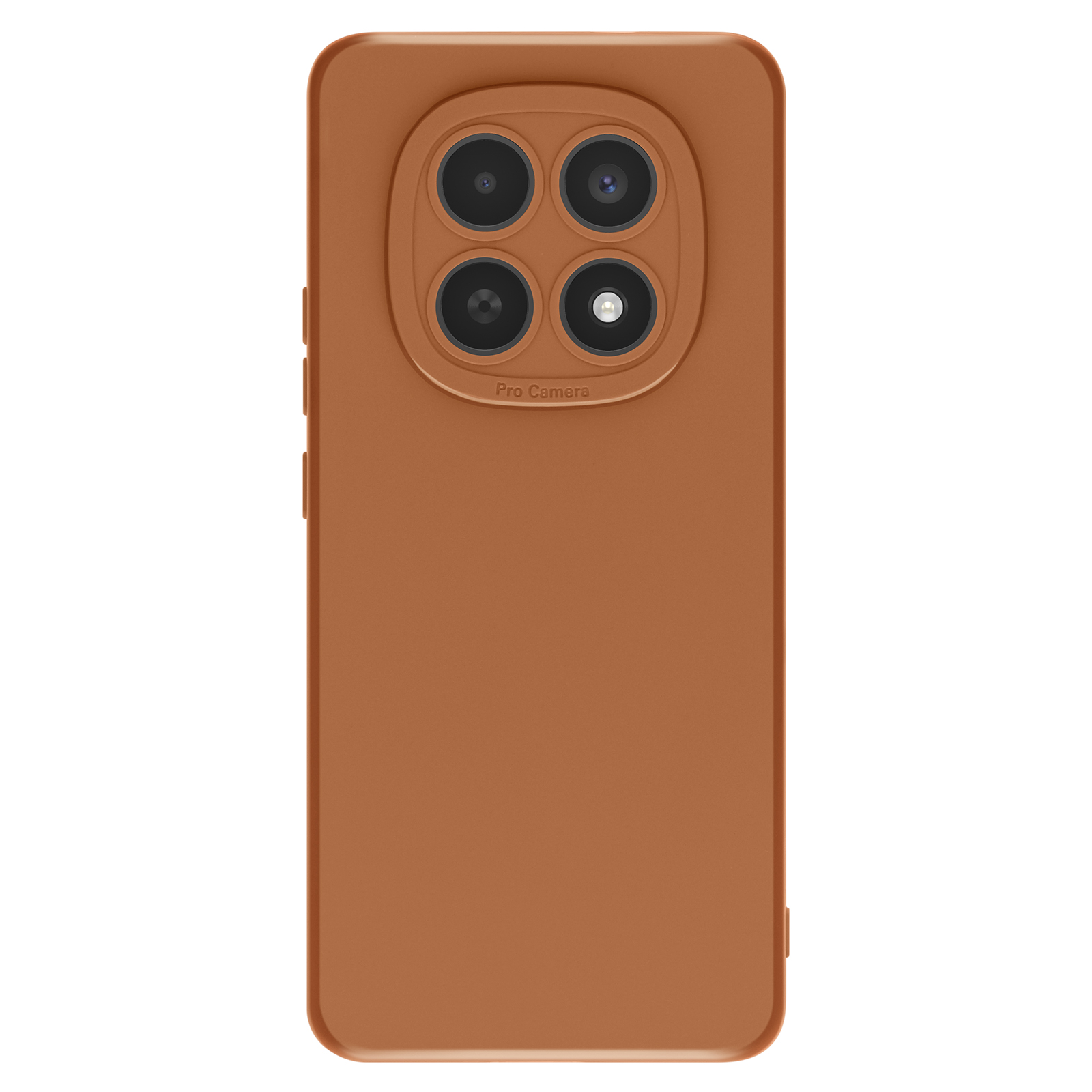 Achterkant van een bruine smartphone met quad camera en flitser.