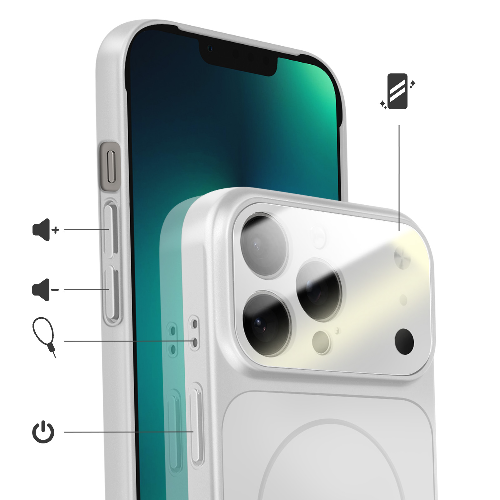 Close-up van een witte smartphonehoes met zichtbare cameralenzen en knoppen.