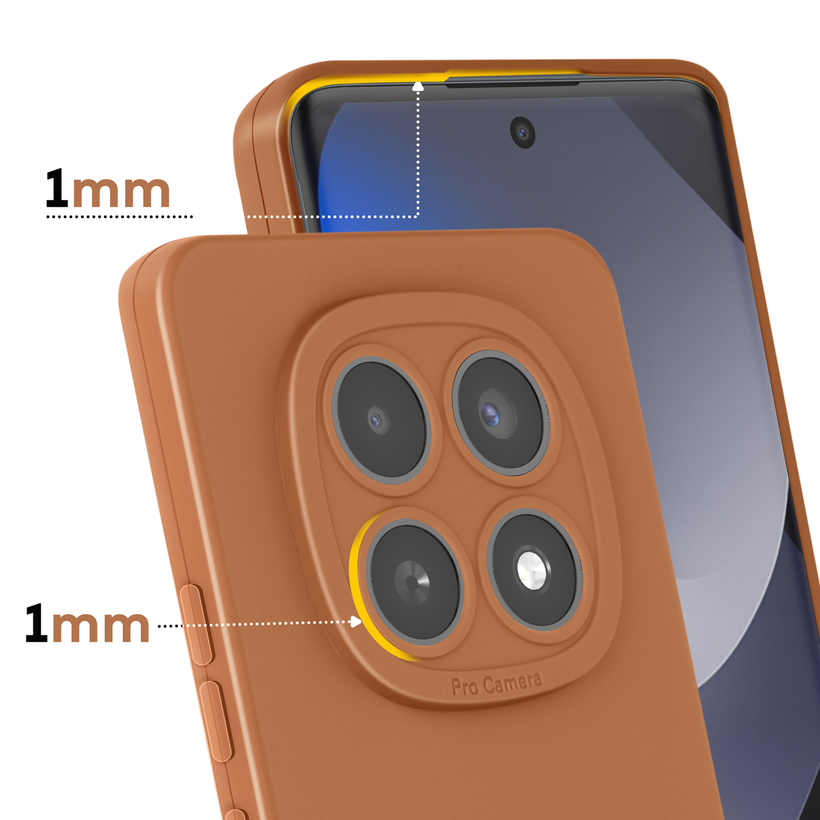 Bruine telefoonhoes met 1 mm verhoogde rand, toont vier camera's en 'Pro Camera' tekst.