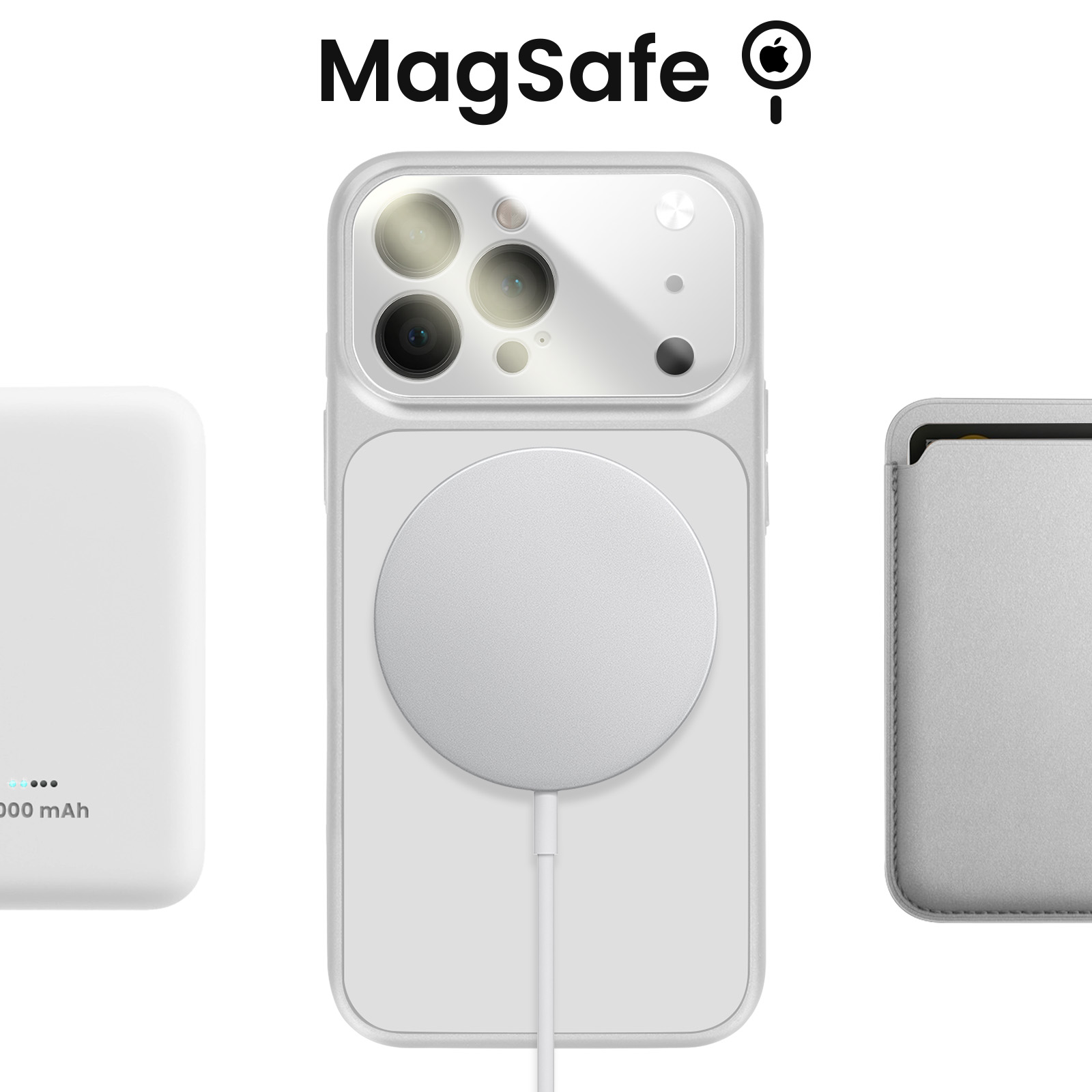 MagSafe accessoires: iPhone hoesje met oplaadcirkel, powerbank en kaarthouder.