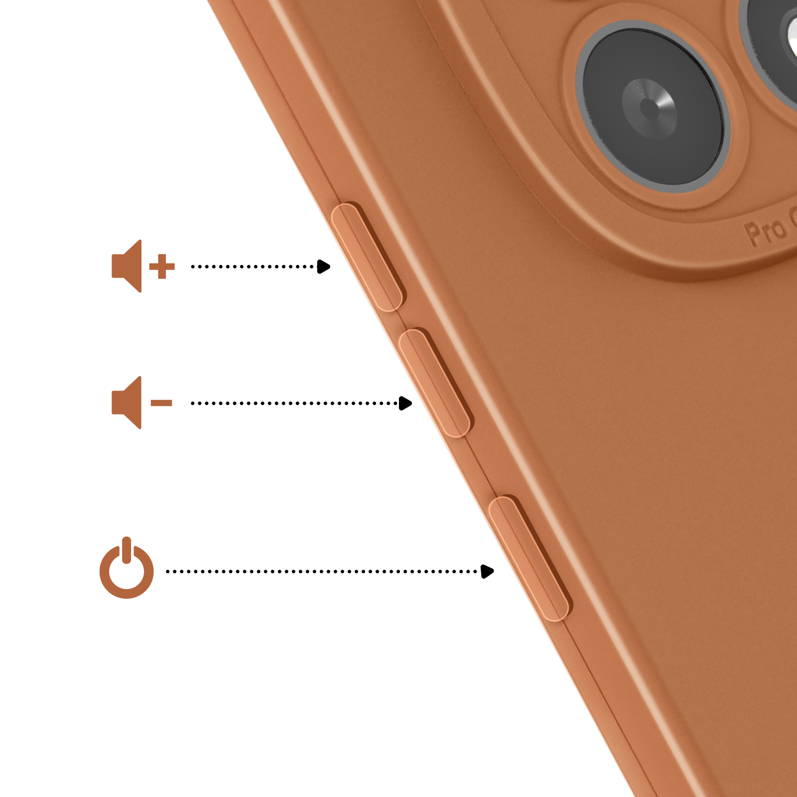 Close-up van een bruine telefoonhoes met volume- en aan/uit-knoppen.