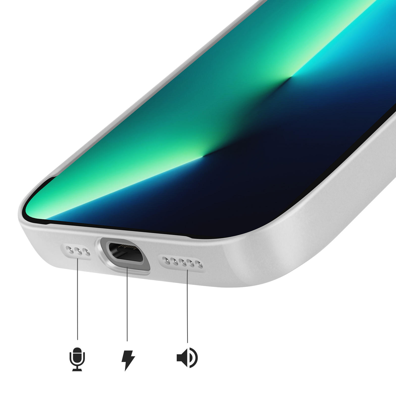 Close-up van de onderrand van een witte smartphone met oplaadpoort en luidsprekergaten.