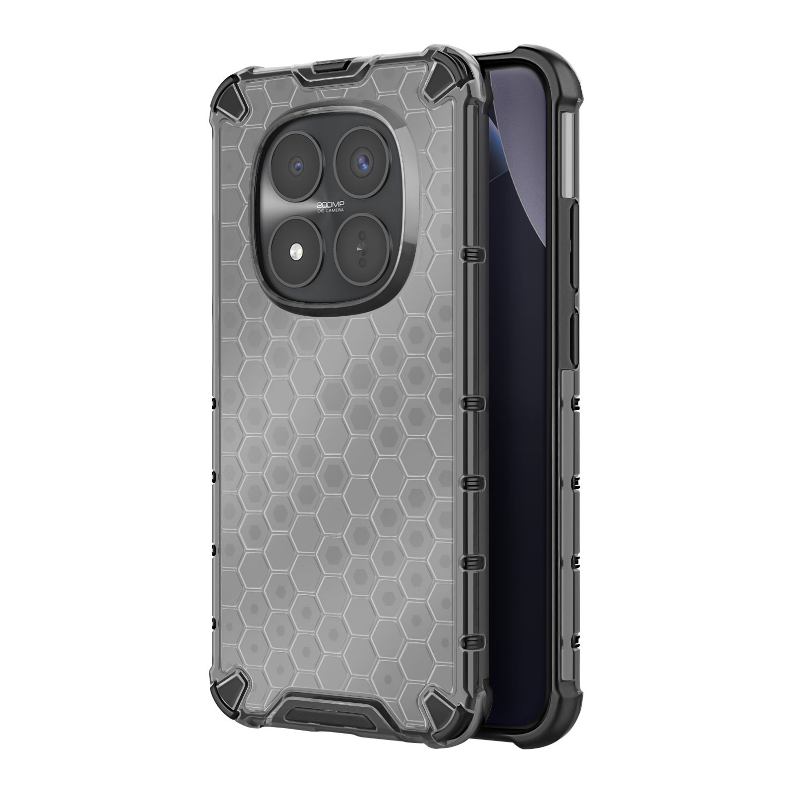 Grijze telefoonhoes met honingraatpatroon en 200MP camera-uitsparing.