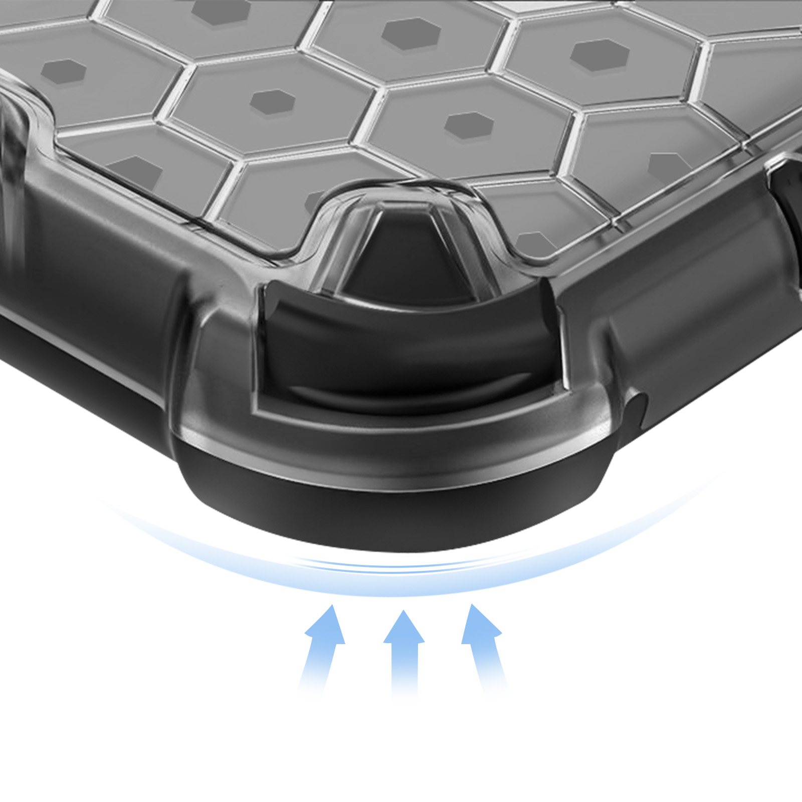 Close-up van een zwarte telefoonhoes met hexagonaal patroon en blauwe pijlen.