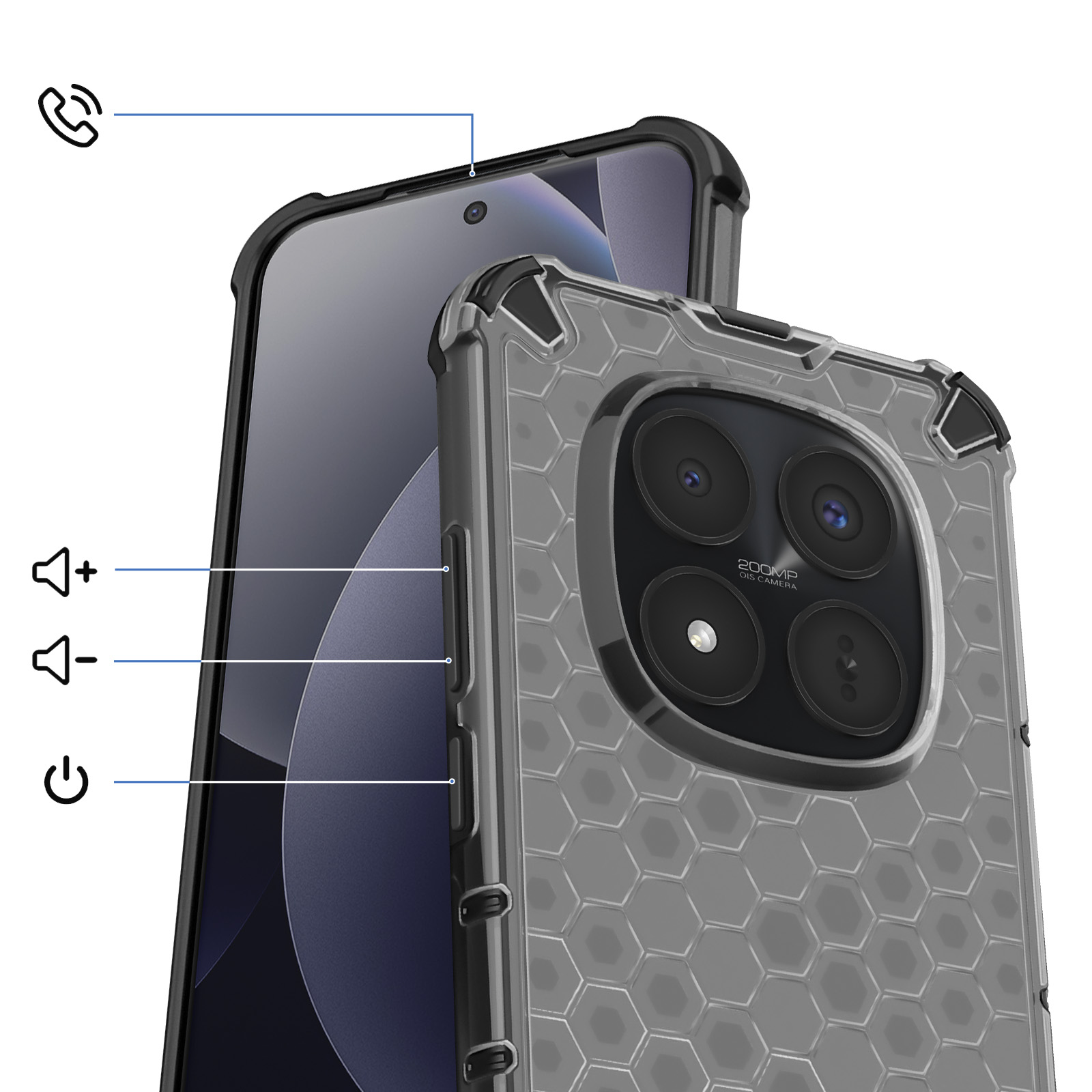 Een smartphone met beschermhoes, met nadruk op knoppen en cameralenzen.