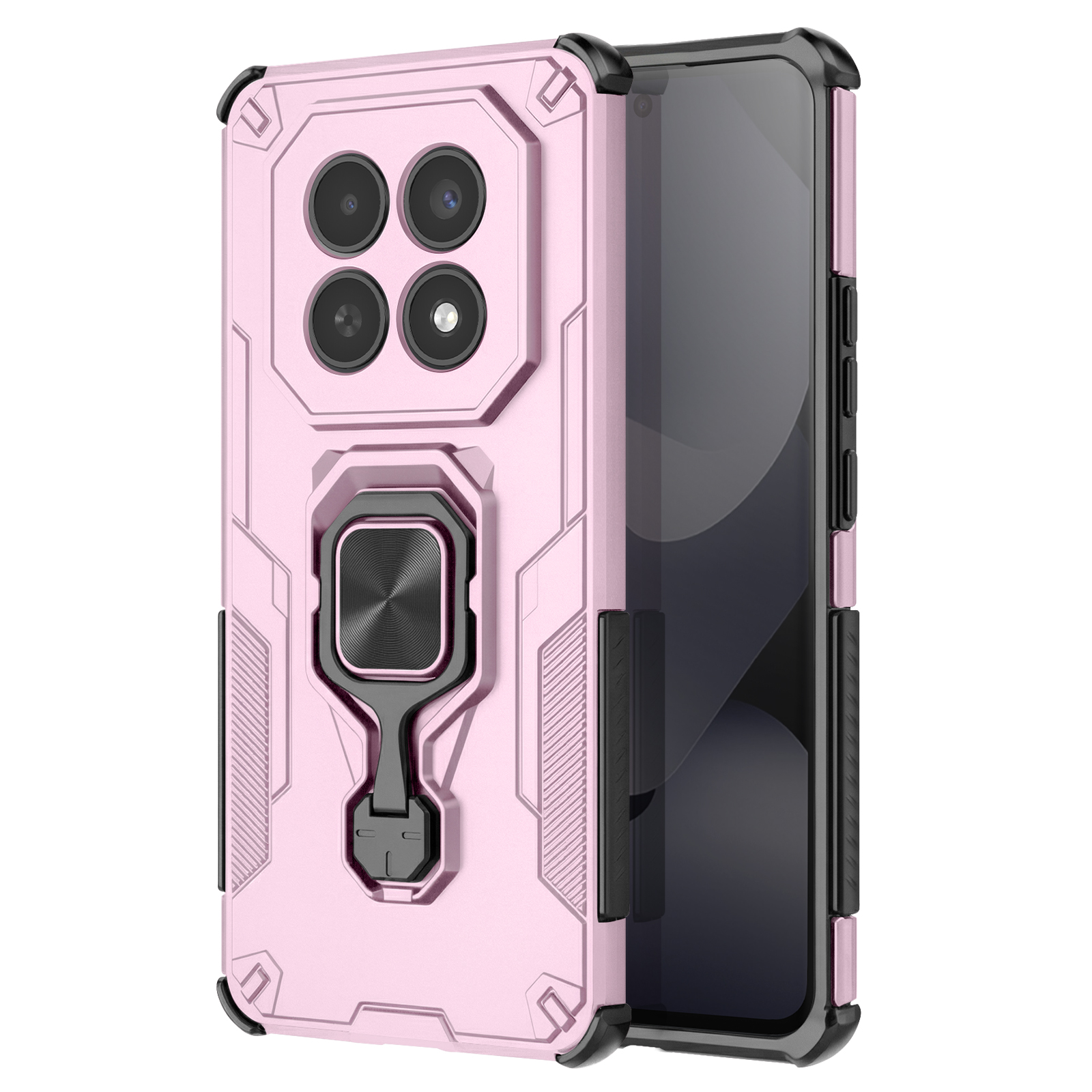 Een roze robuuste telefoonhoes met vier camera's en ringhouder.