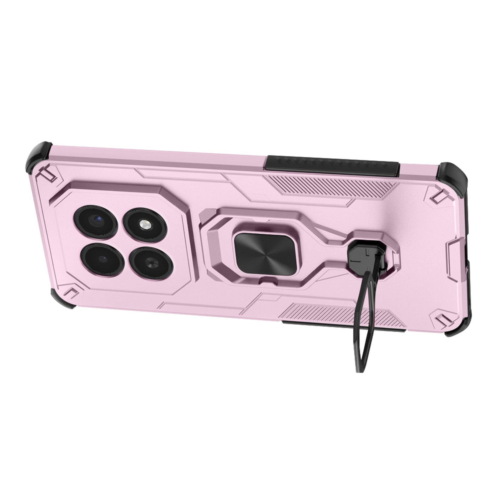 Een roze telefoonhoes met vier camera's, een ring en een riempje.
