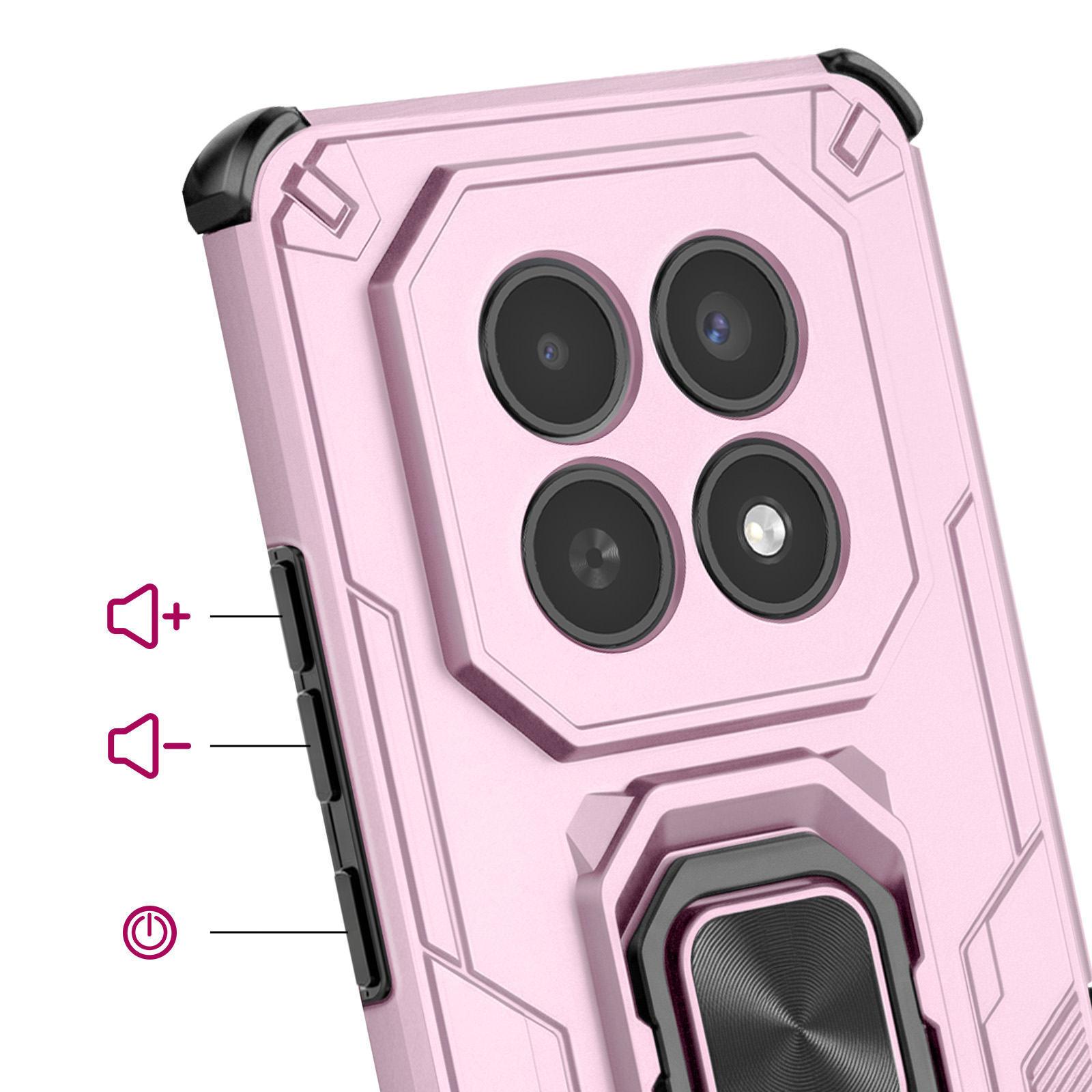 Roze telefoonhoesje met cameralenzen, volumeknoppen en aan/uitknop.
