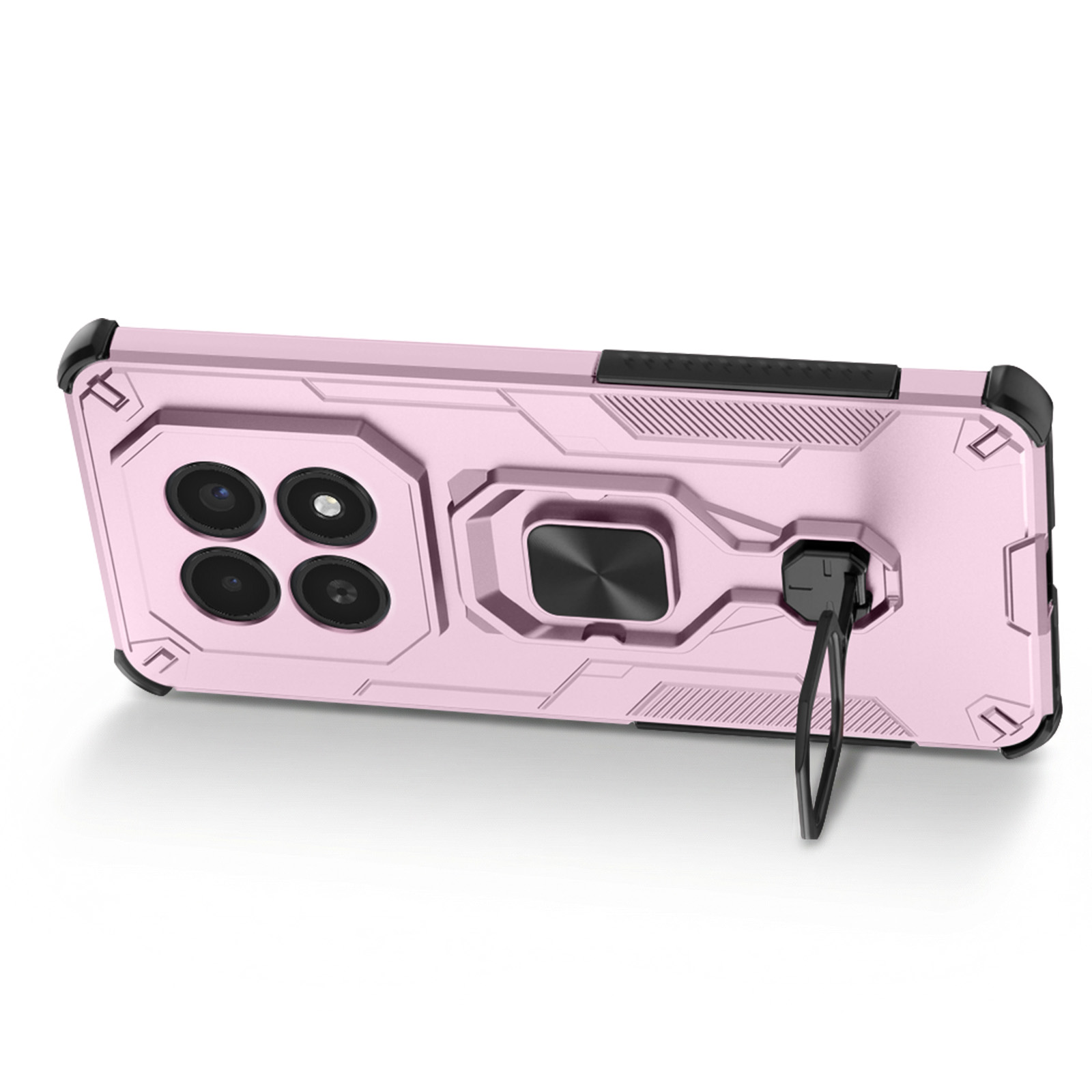 Roze telefoonhoes met camera-uitsparing, ringstandaard en lus.