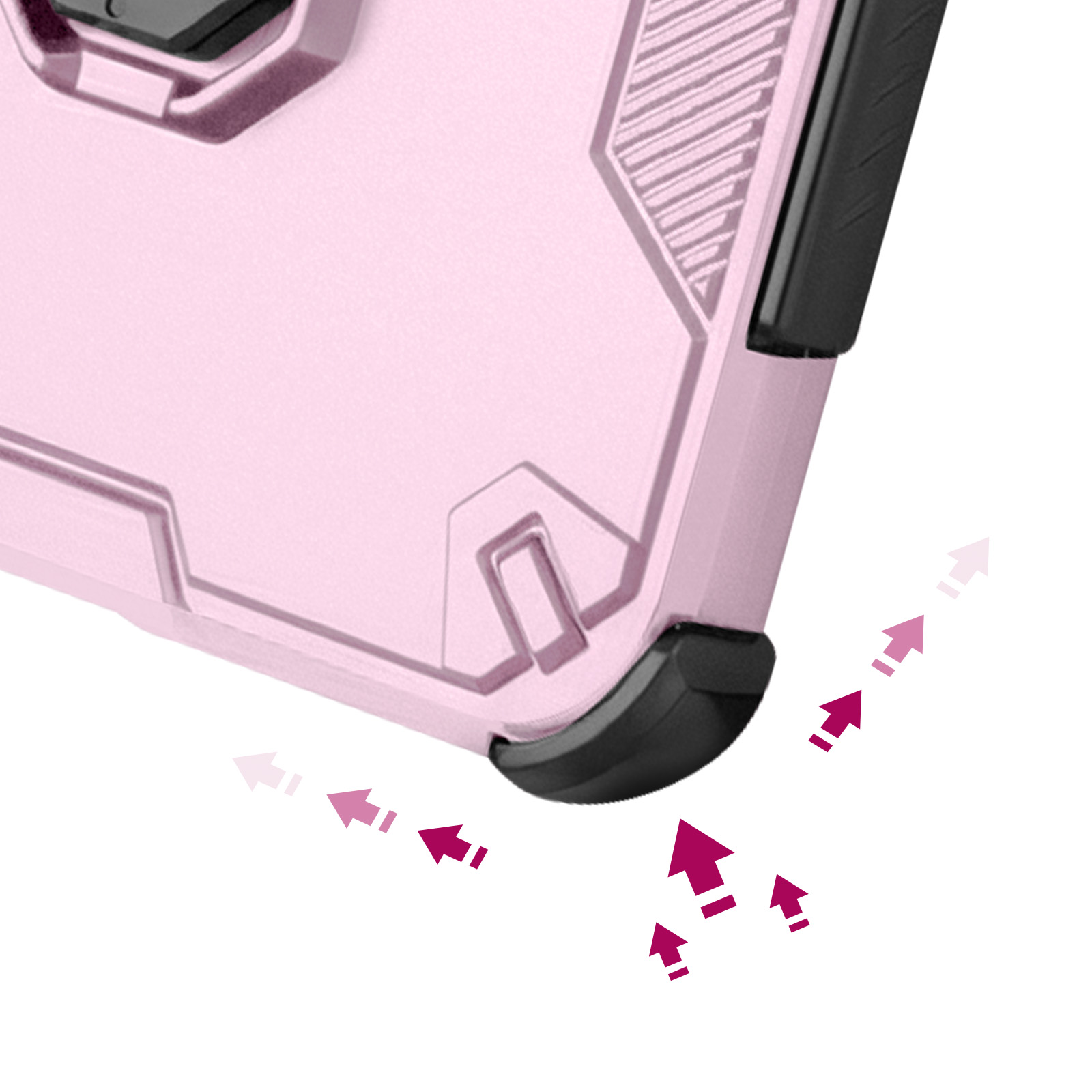 Een roze telefoonhoes met zwarte accenten en pijlen.