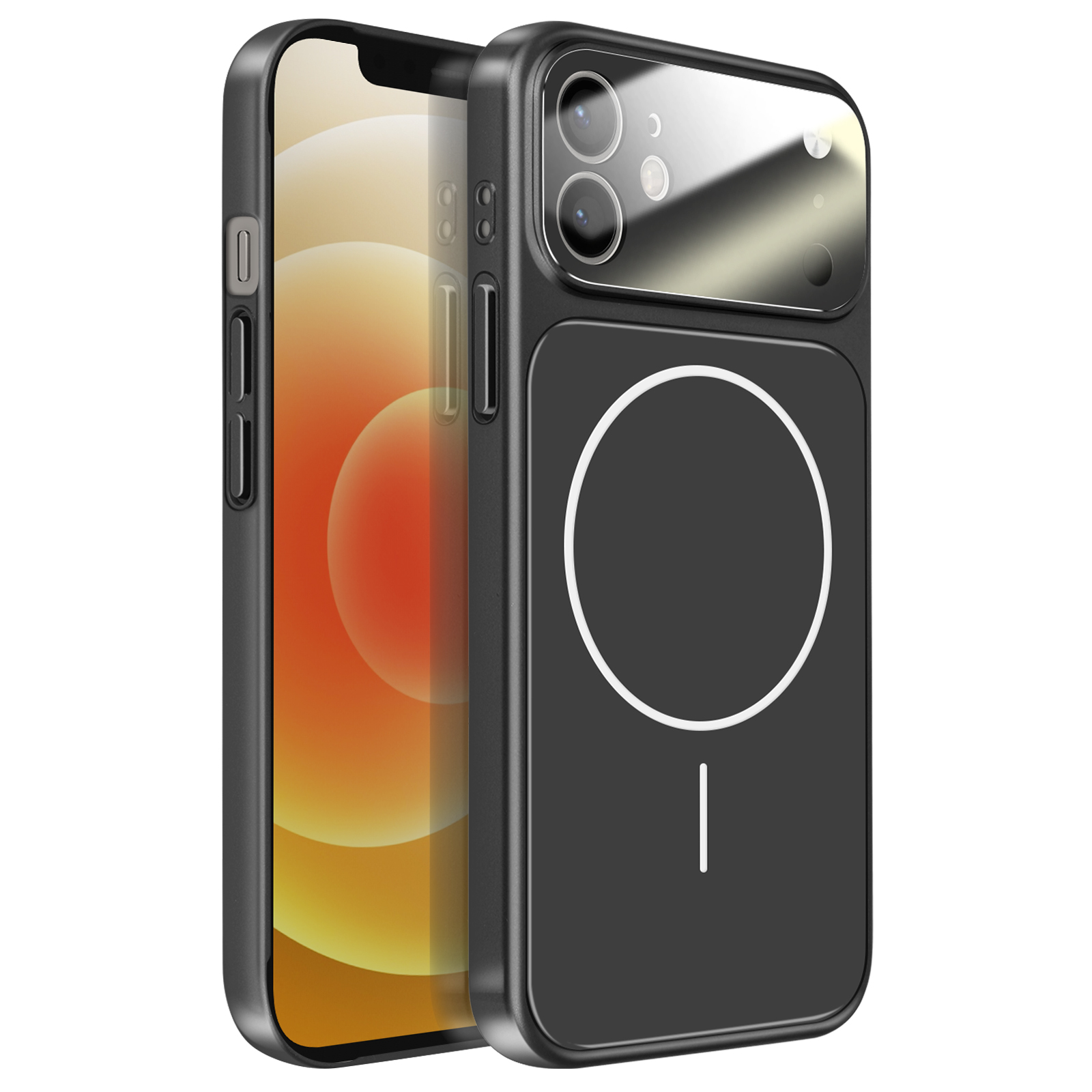 Coque de téléphone noire avec cercle magique et découpe caméra sur fond blanc.