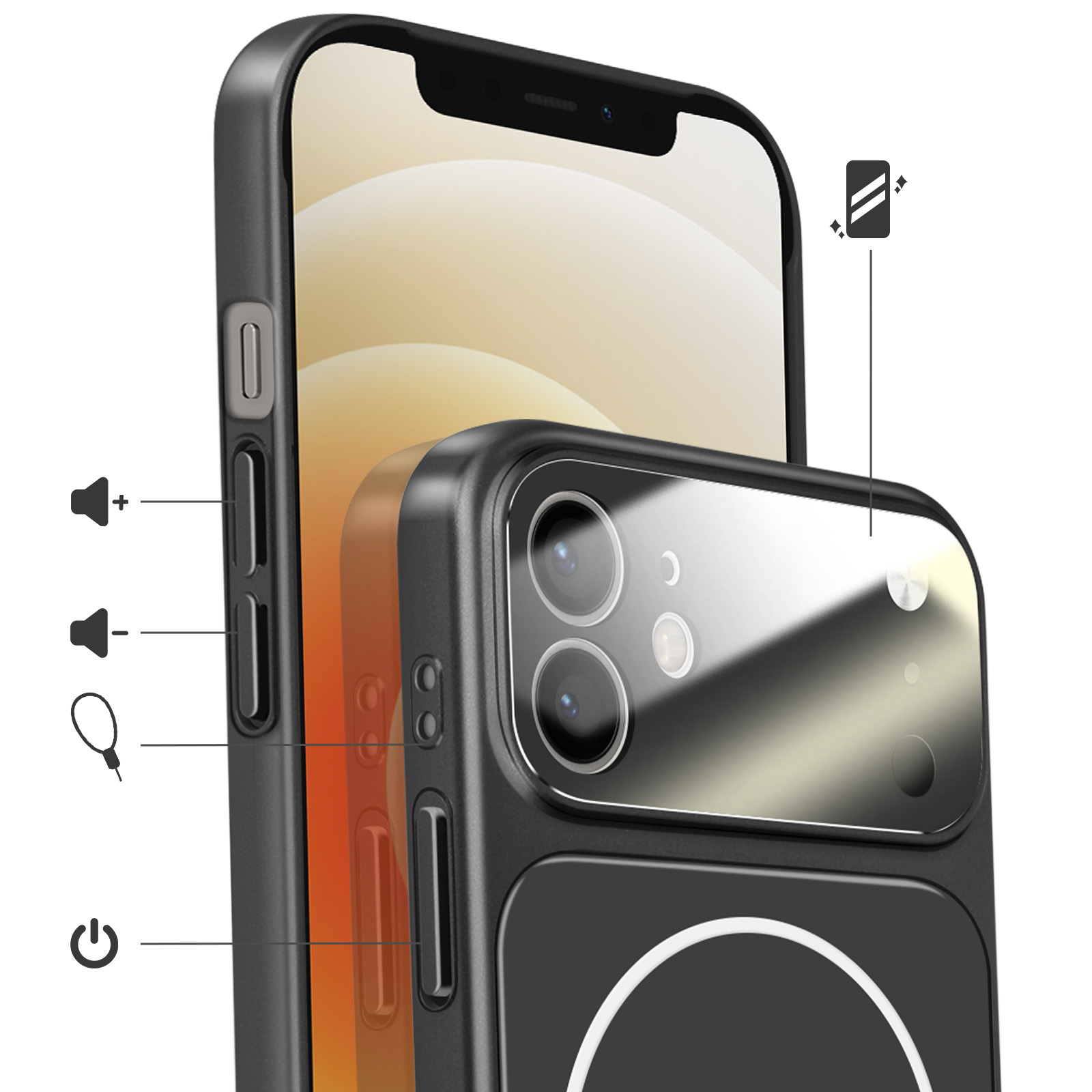 Gros plan d'un étui noir pour iPhone montrant les caméras arrière et les boutons.