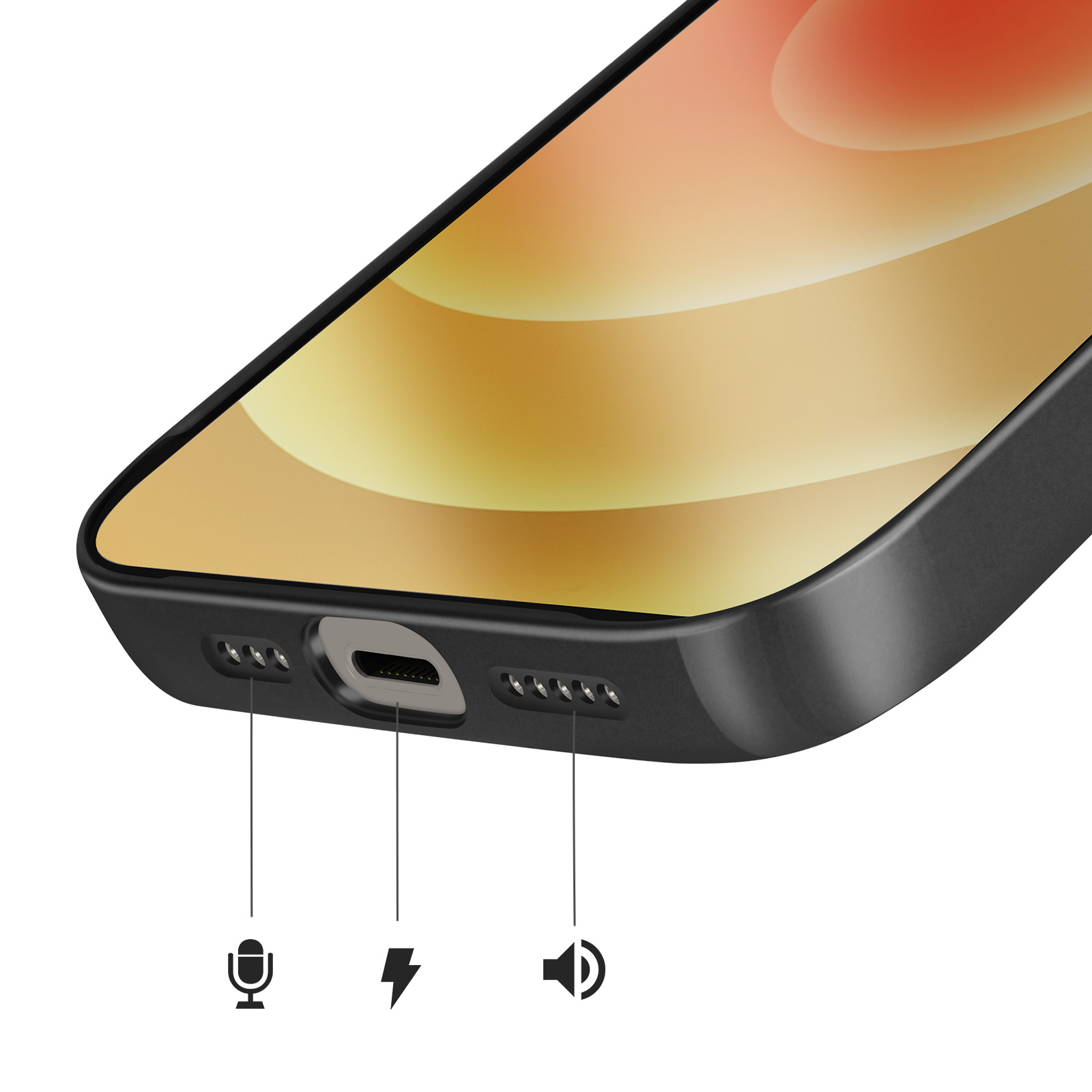 Gros plan du bas d'un smartphone noir, montrant port de charge, micro et trous de haut-parleur.