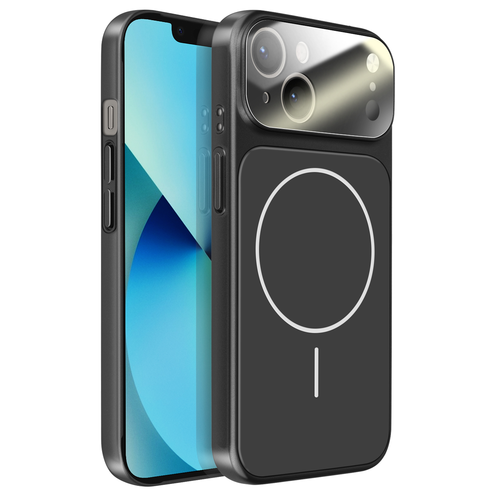 Coque noire pour iPhone avec découpe caméra, anneau MagSafe et icône de charge.
