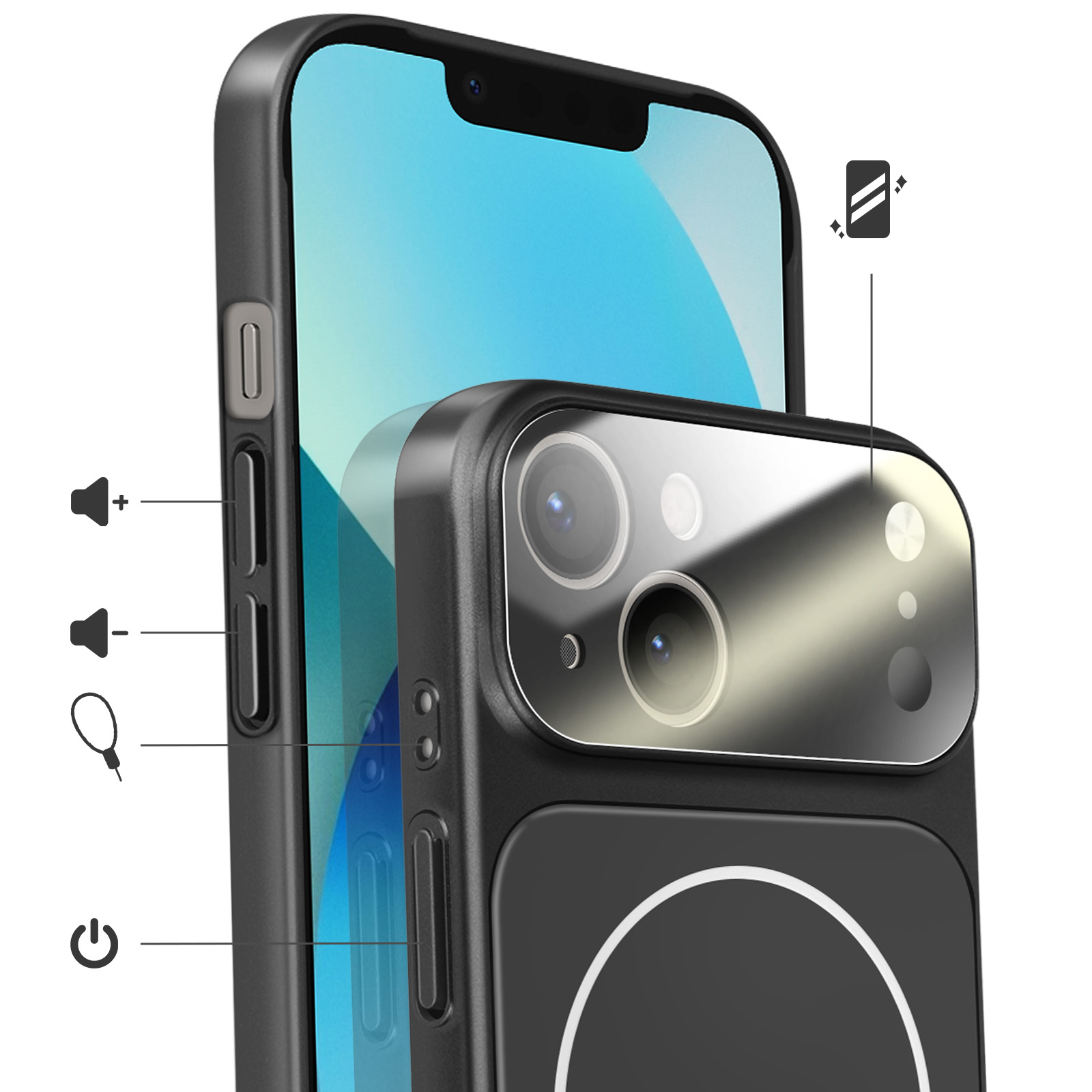 Gros plan d'une coque noire pour iPhone montrant le module caméra et les boutons volume.
