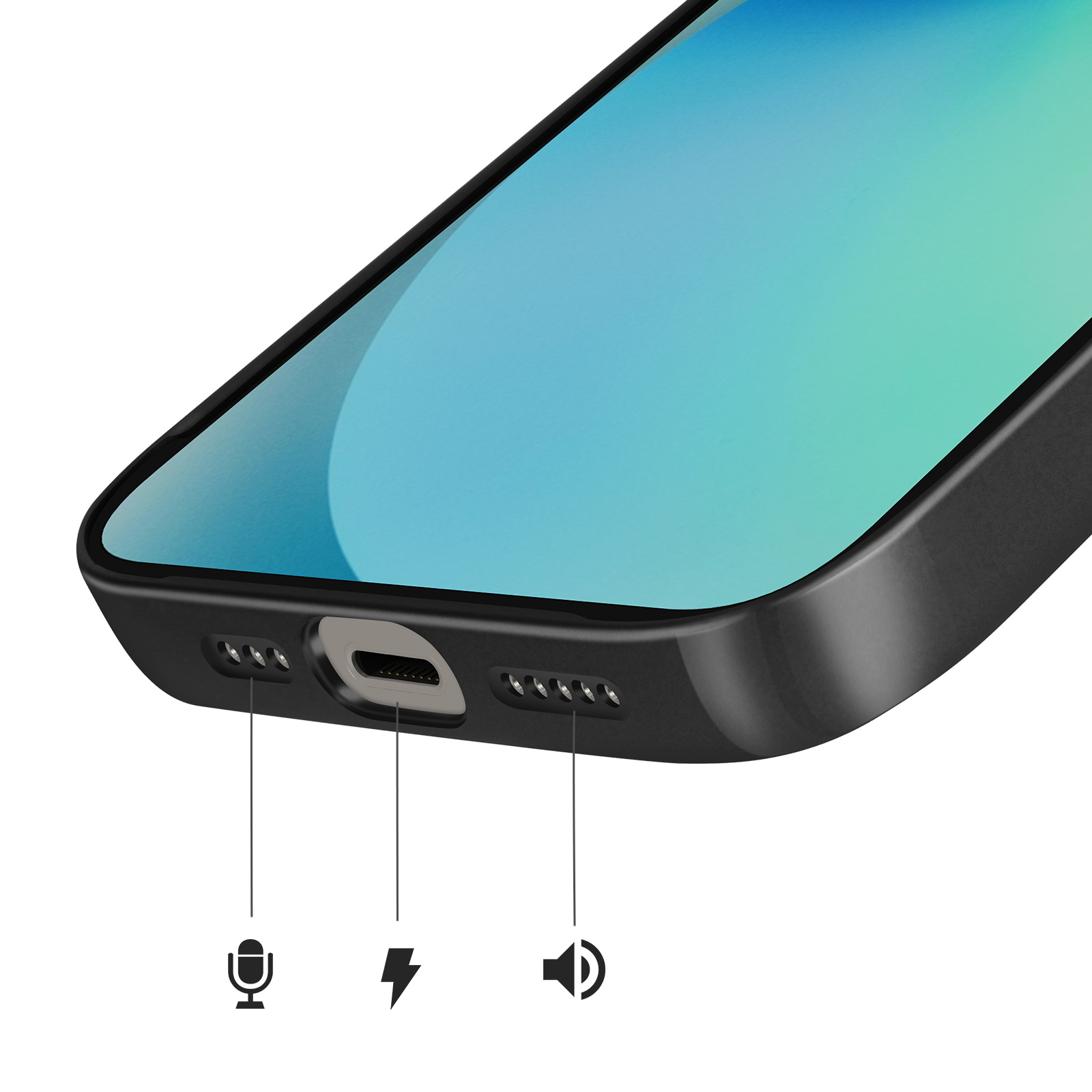Gros plan du bord inférieur d'un étui d'iPhone noir montrant les ports.