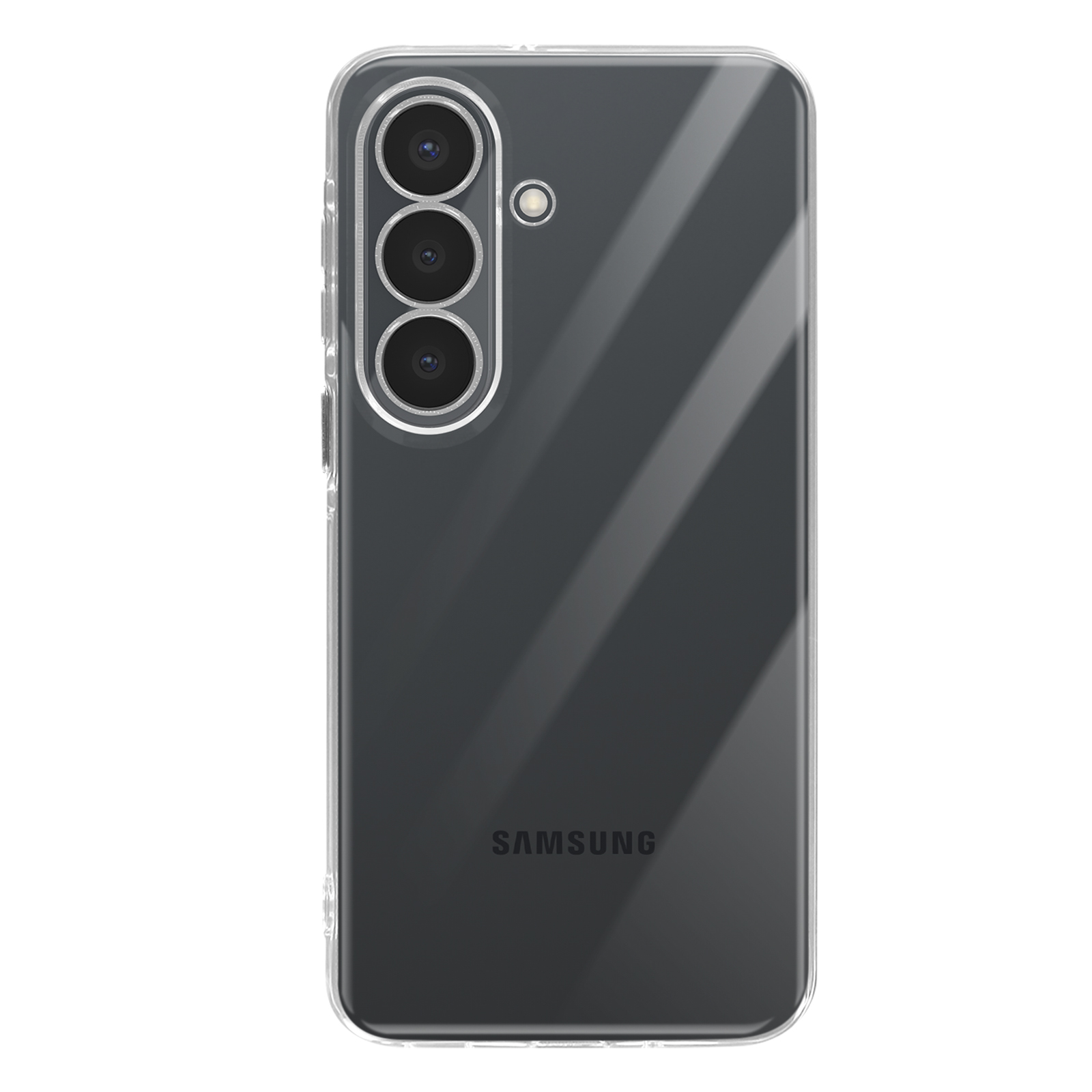 Achterkant van een doorzichtige Samsung telefoonhoes met drie camera's.