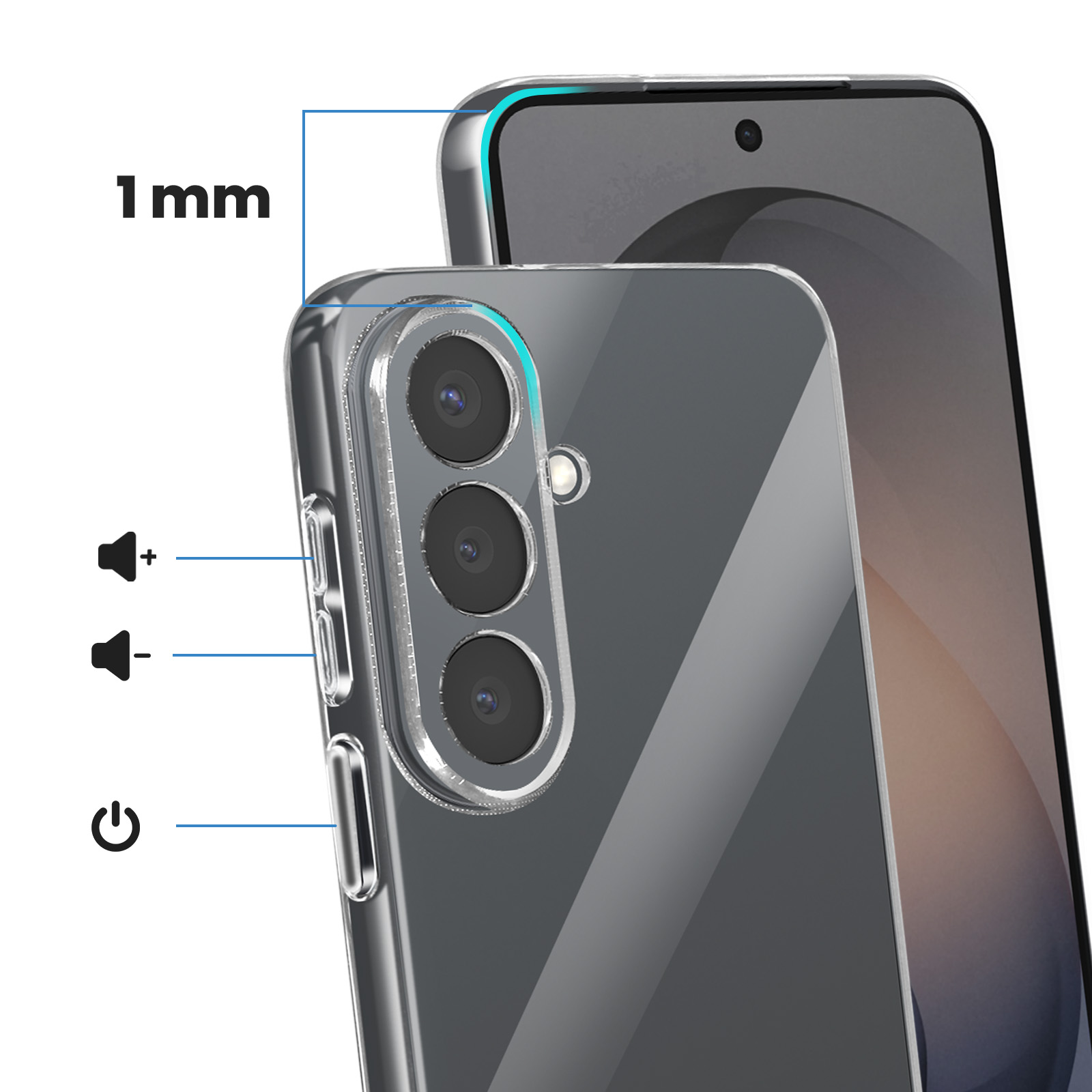 Een doorzichtige telefoonhoes beschermt een smartphone met drie camera's.
