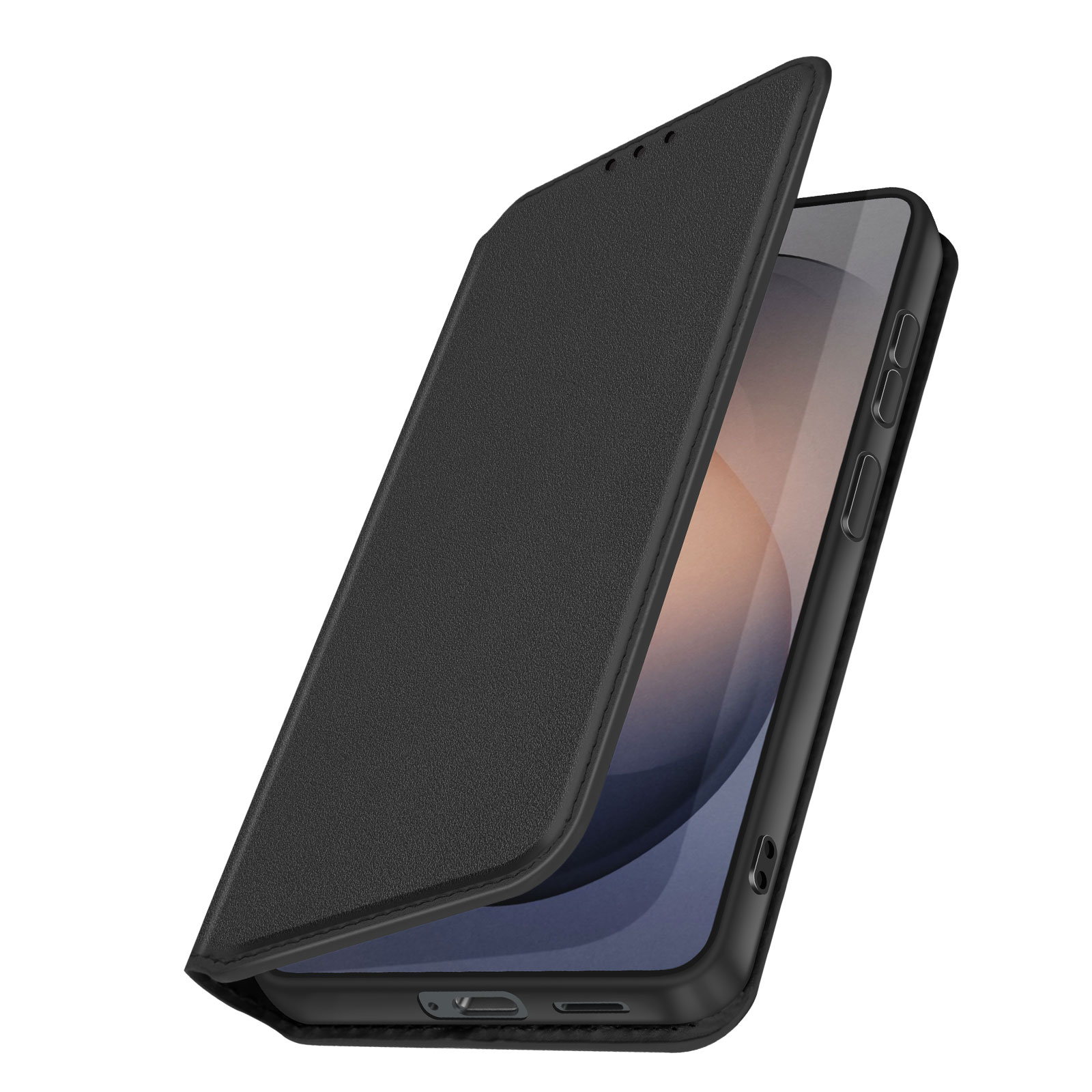 Uno smartphone nero con custodia a libro aperta, che protegge il davanti.