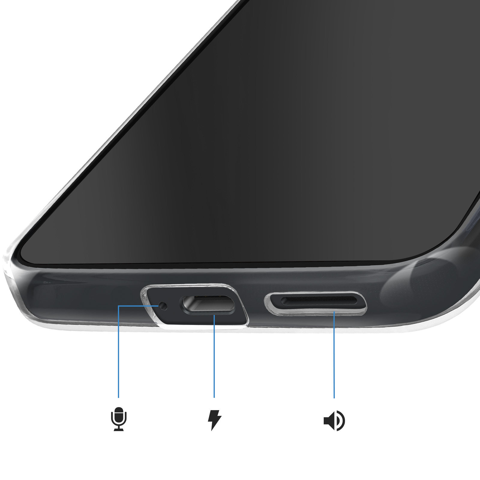 Close-up van de onderkant van een smartphone met poorten voor microfoon, opladen en luidspreker.