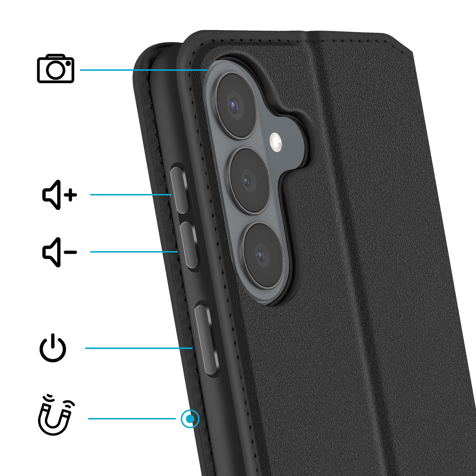 Custodia nera per telefono mostra pulsanti volume, accensione e chiusura magnetica.