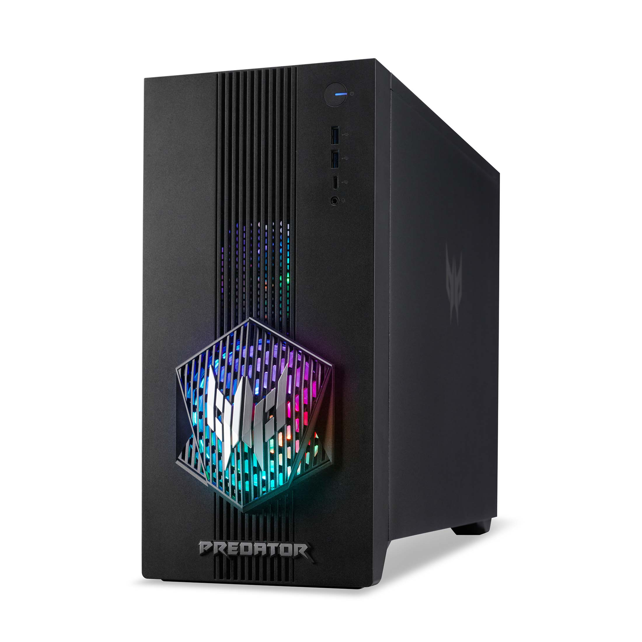 Schwarzer Gaming-PC mit Predator-Logo und farbiger RGB-Beleuchtung.