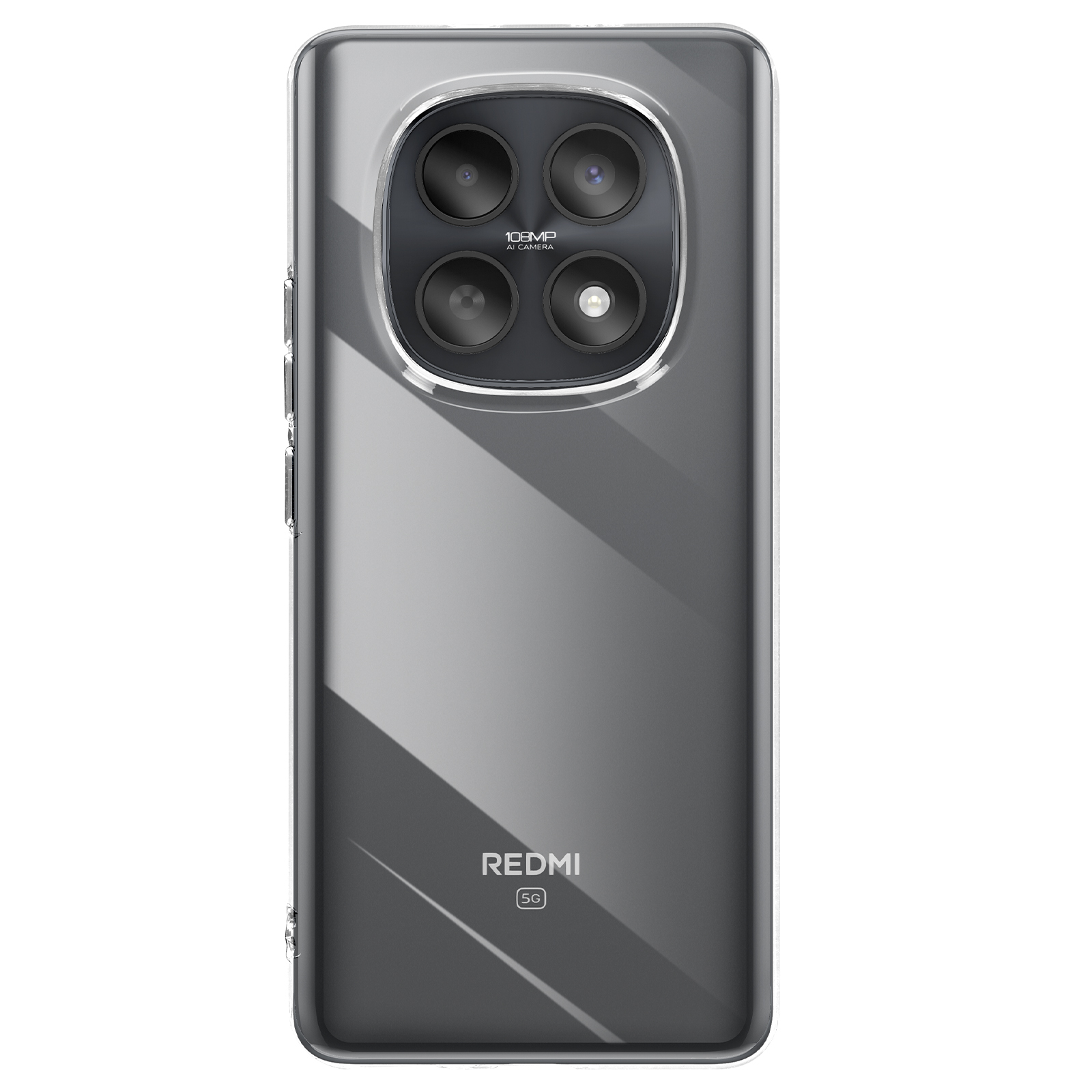 Retro di uno smartphone trasparente con quattro fotocamere e "REDMI 5G".