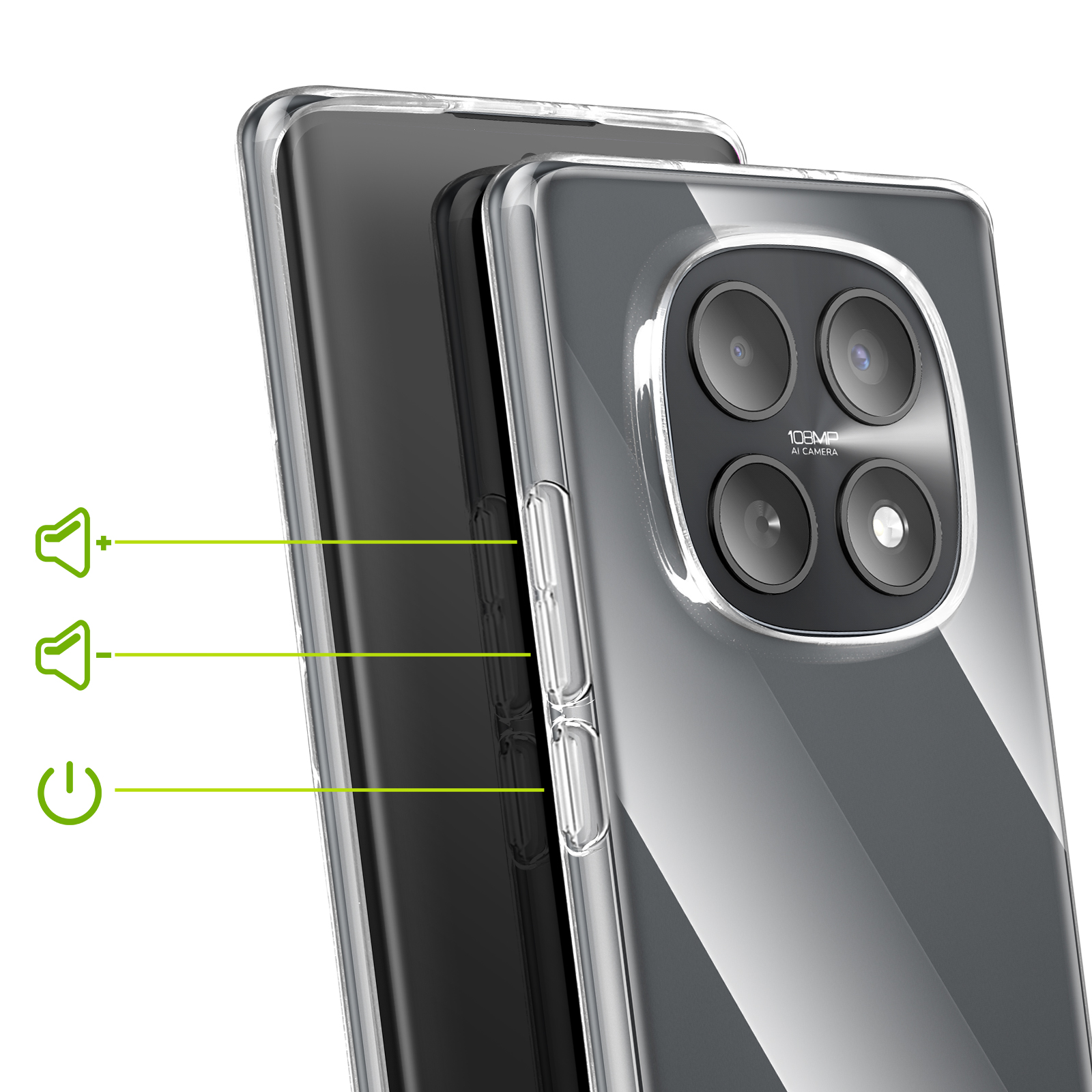 Una custodia trasparente per telefono con fotocamera e icone del volume.