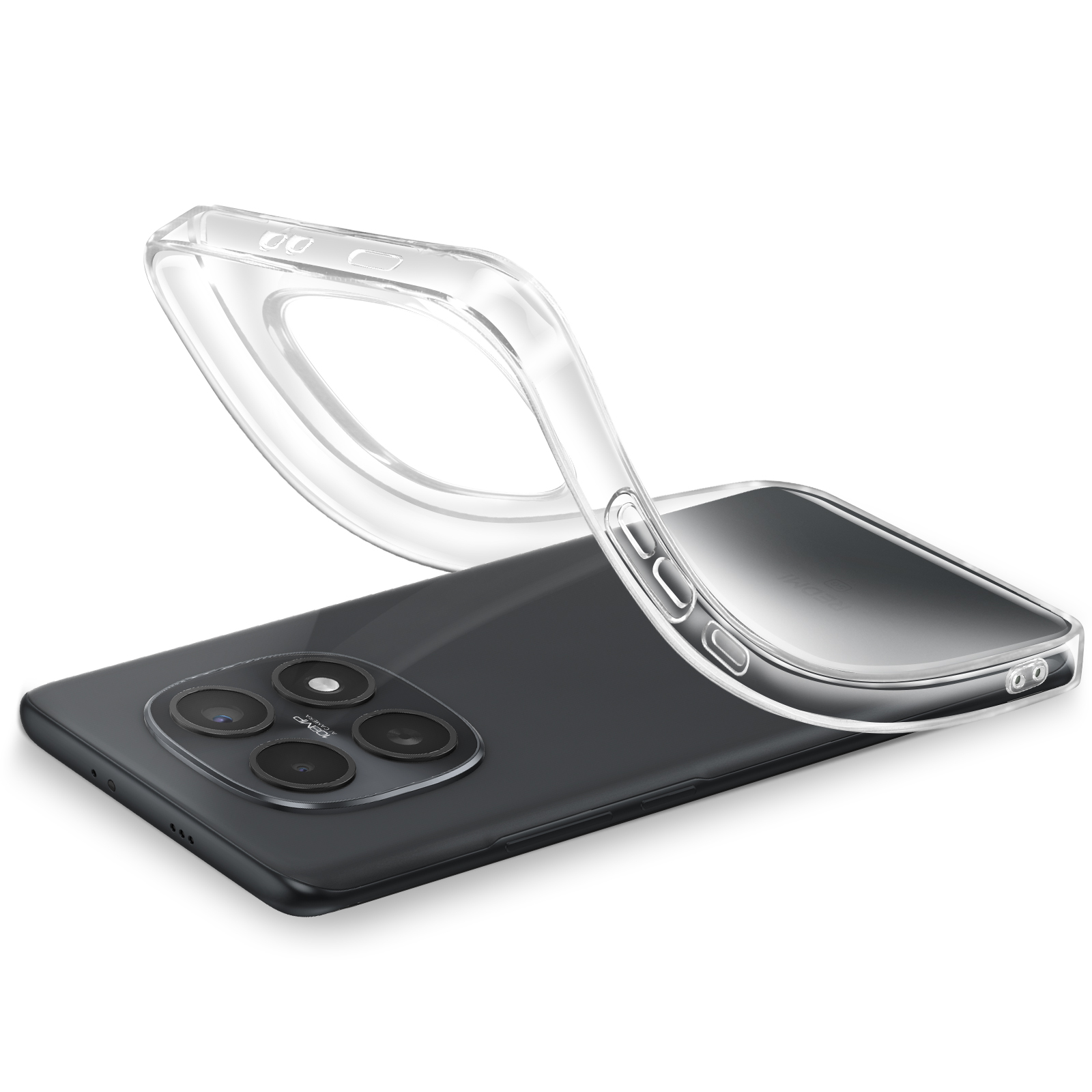 Una cover trasparente per telefono è posizionata su uno smartphone nero.