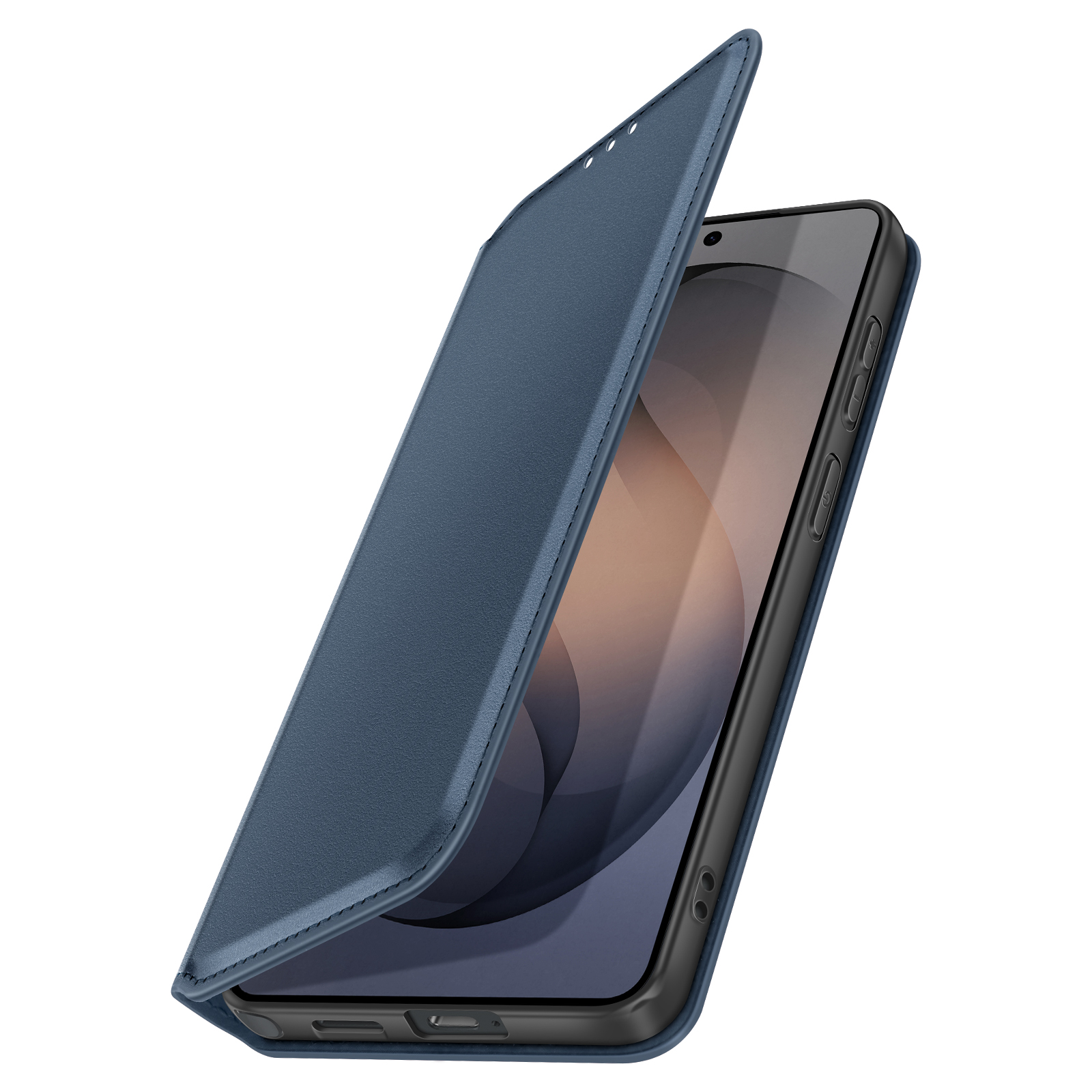 Una custodia blu per smartphone con la copertina aperta è mostrata su uno sfondo bianco, rivelando lo schermo e i pulsanti laterali del telefono.
