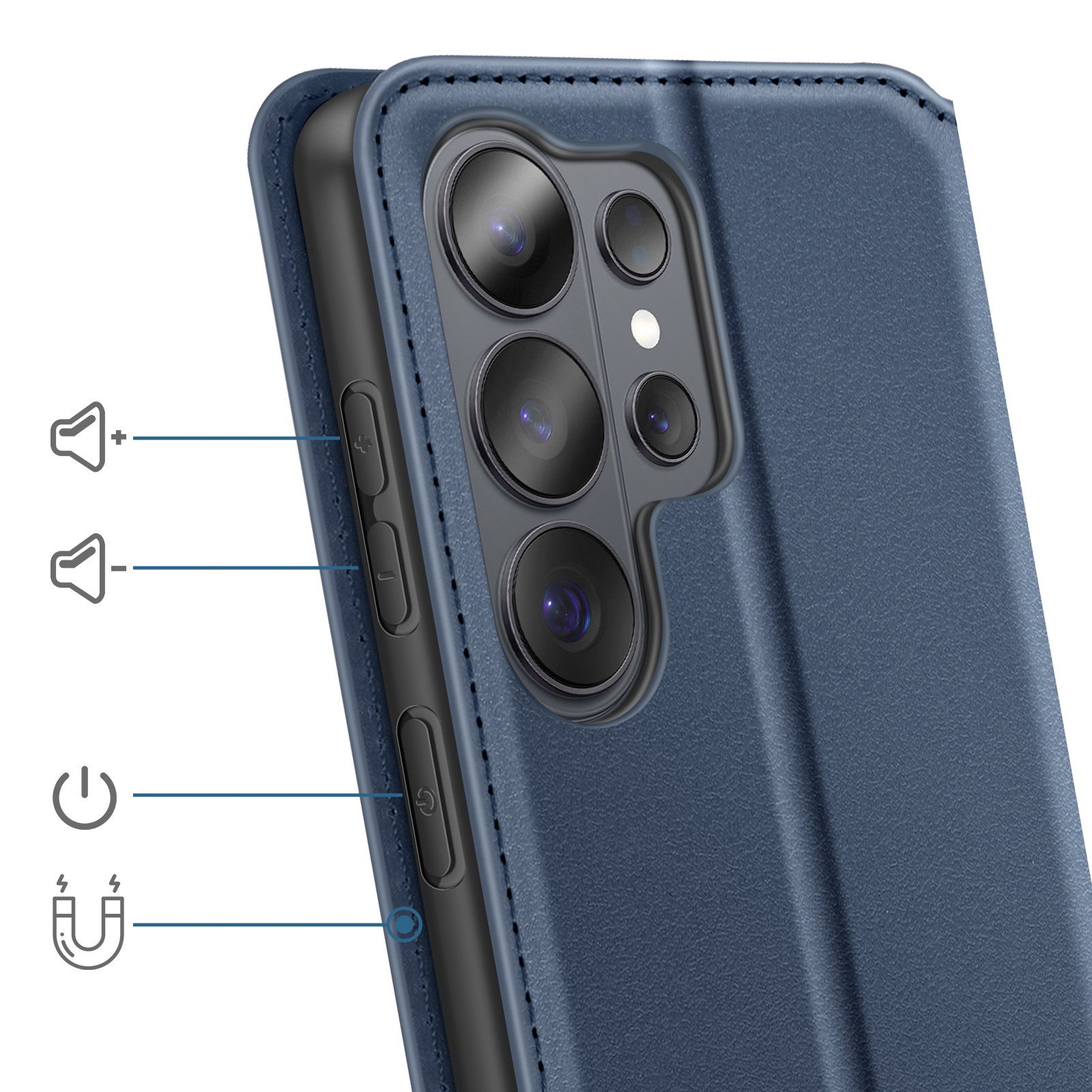 Custodia blu per telefono con fotocamere e pulsanti. Icone volume, accensione, magnete.