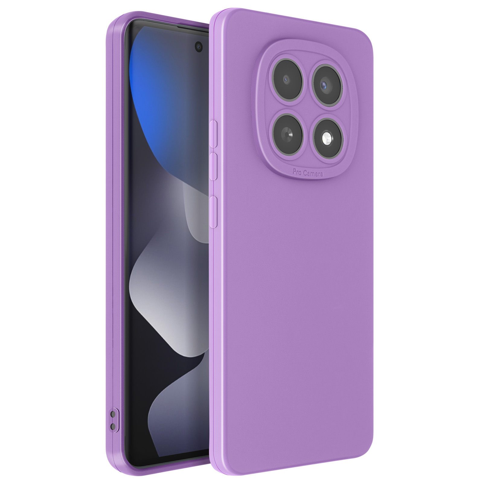 Een paarse smartphone met vier camera's aan de achterkant, op witte achtergrond.