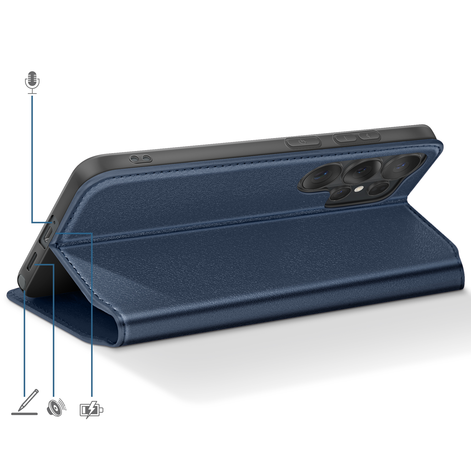 Custodia blu scuro per telefono con apertura fotocamera e pulsanti laterali.