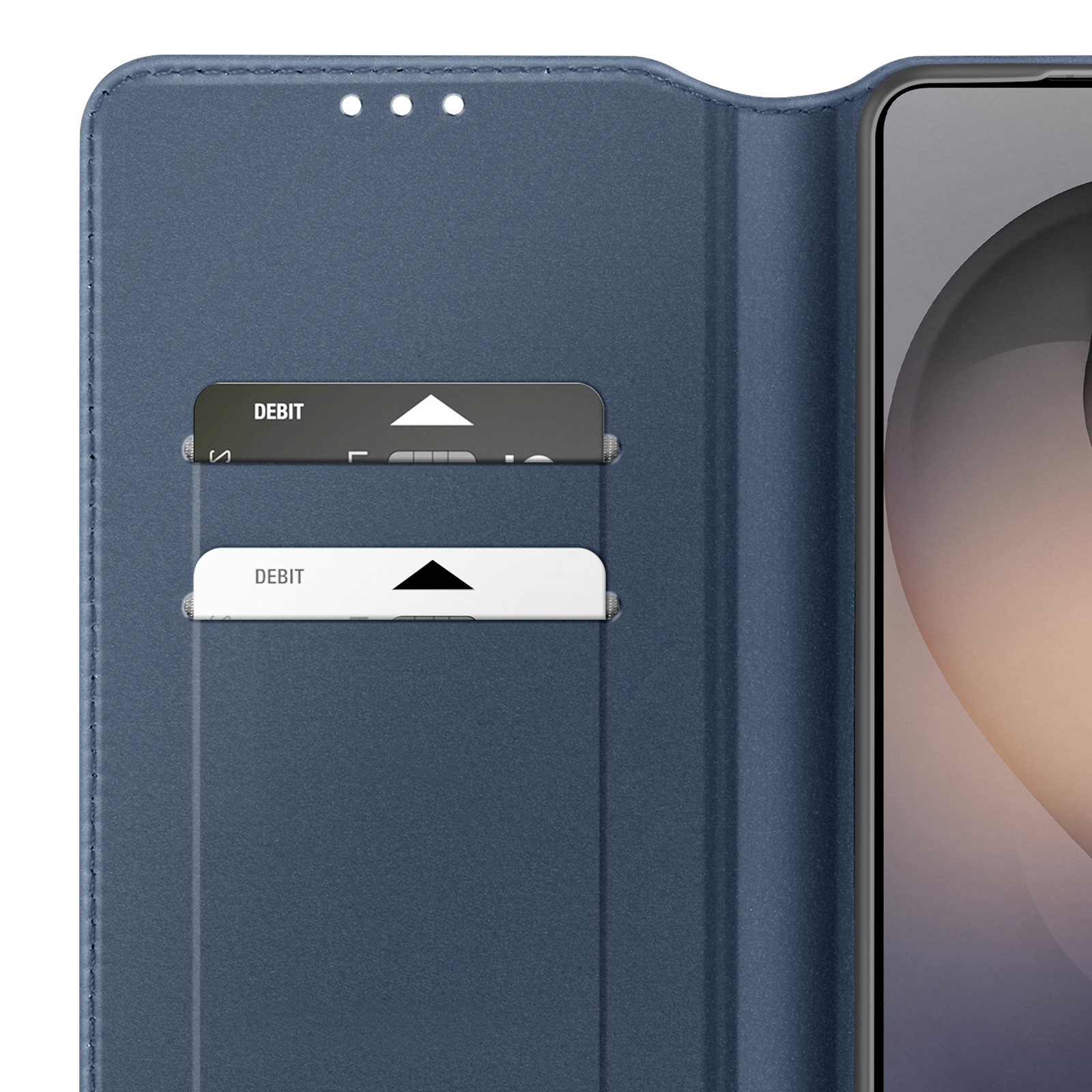 Custodia blu per telefono con slot per carte e schermo visibile.