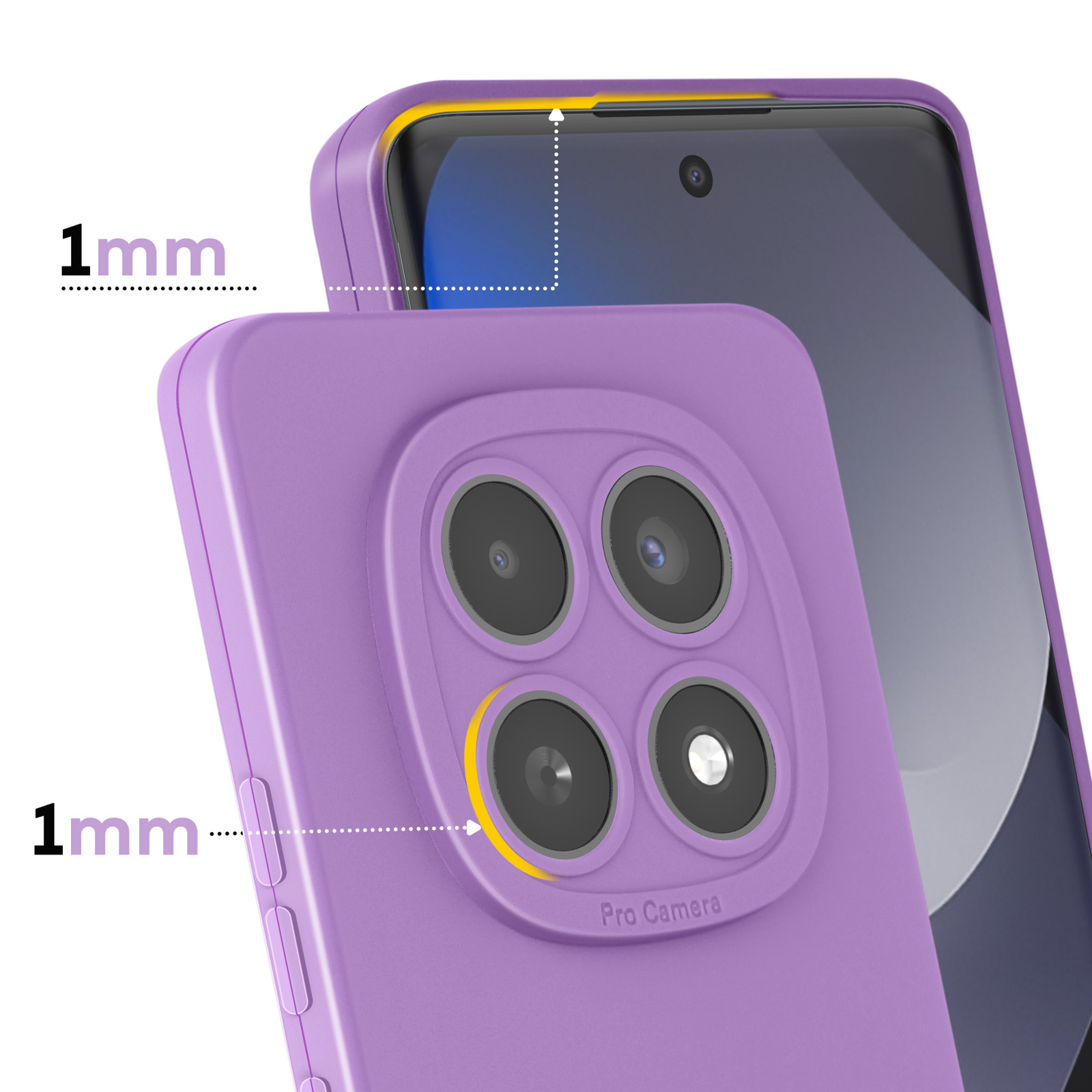 Paarse telefoonhoes met 1mm verhoogde rand rond camera/scherm.